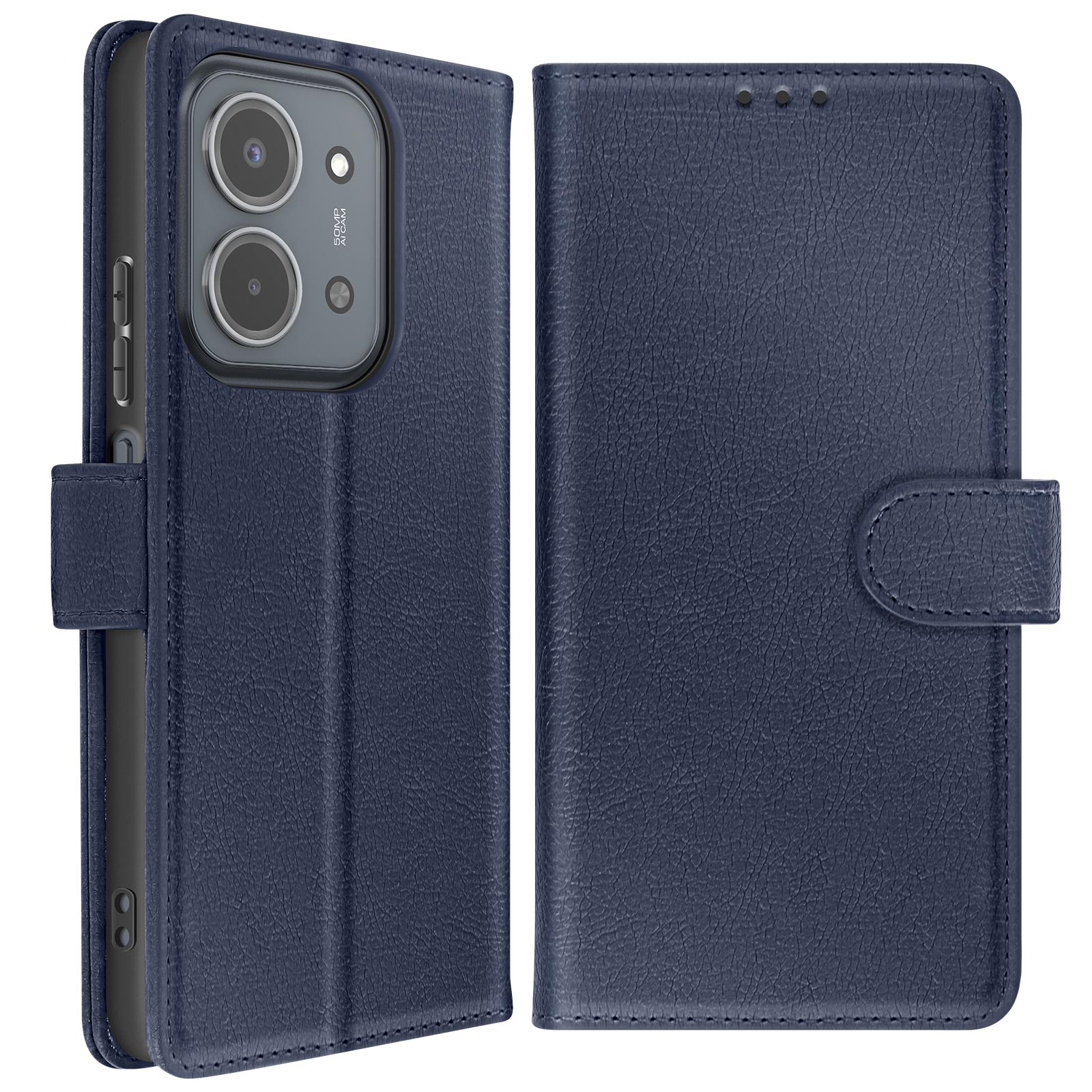 Una custodia per telefono in pelle blu, aperta per mostrare il telefono. Ha una chiusura e un modulo fotocamera.