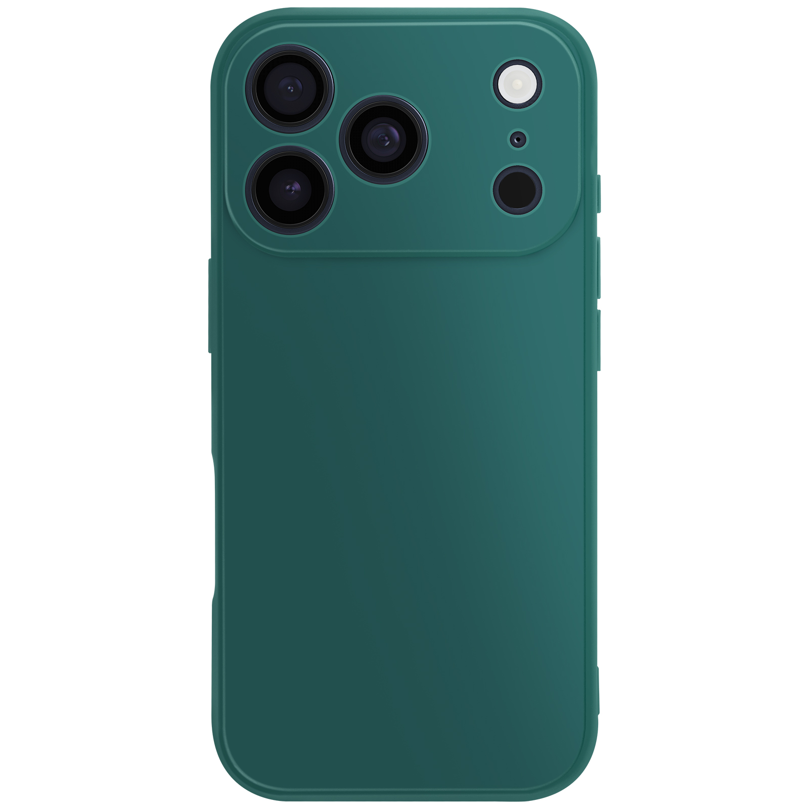 Custodia verde per telefono con lenti della fotocamera e flash su sfondo bianco.