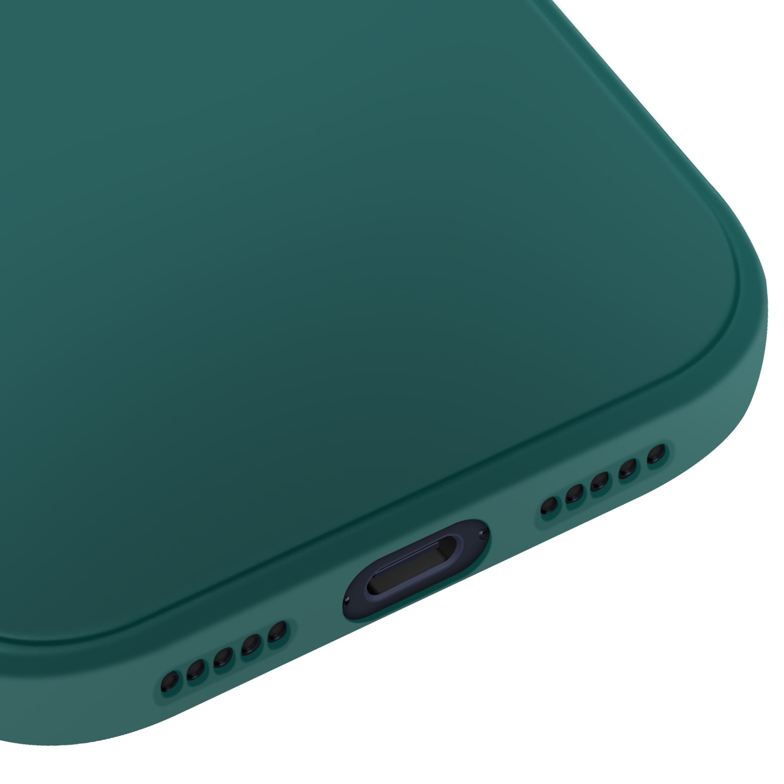 Primo piano di una custodia per telefono verde acqua. Visibili il bordo inferiore con fori per altoparlanti, la porta di ricarica e gli angoli arrotondati.