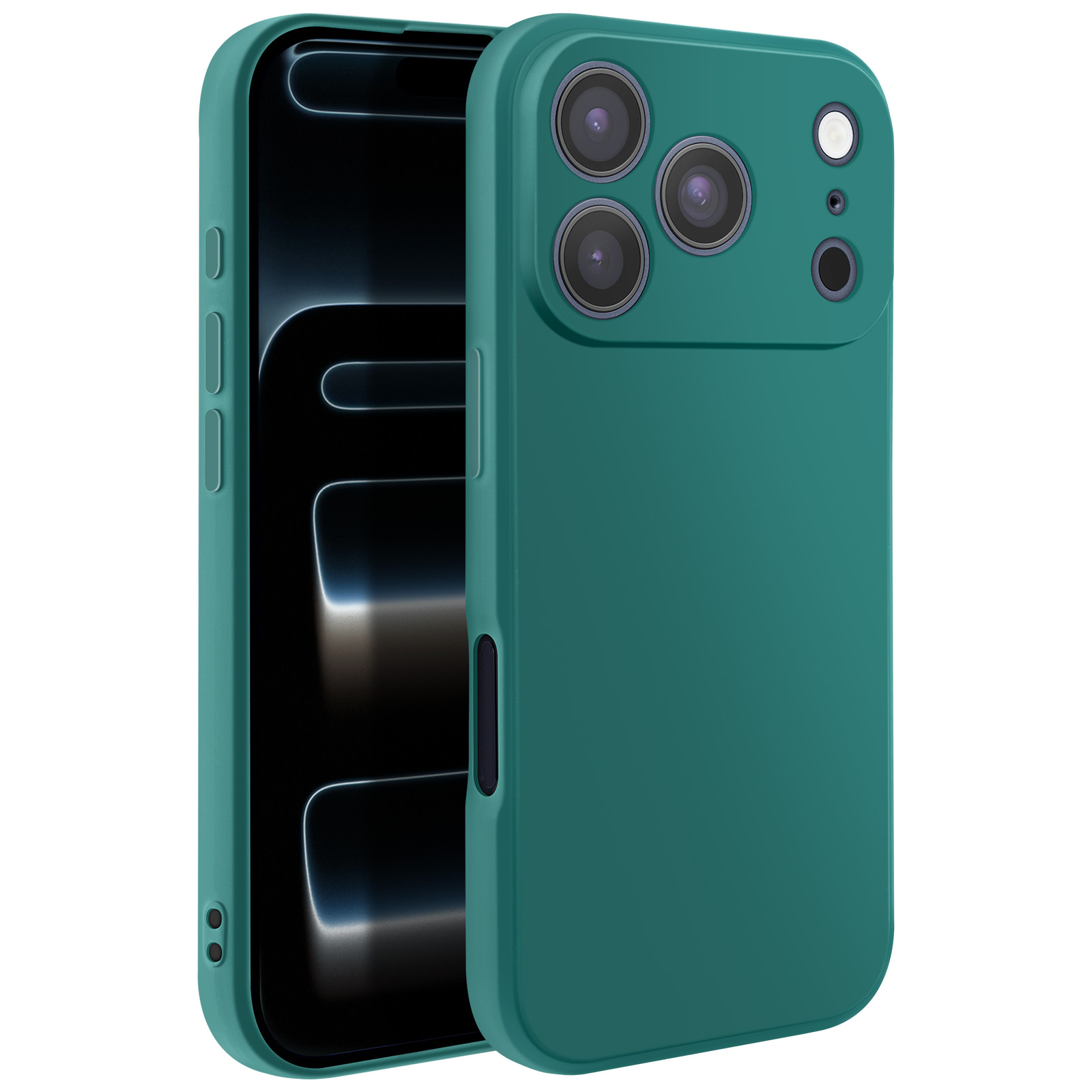 Custodia verde e telefono mostrati. Il telefono è inserito nella custodia. La custodia ha più lenti.