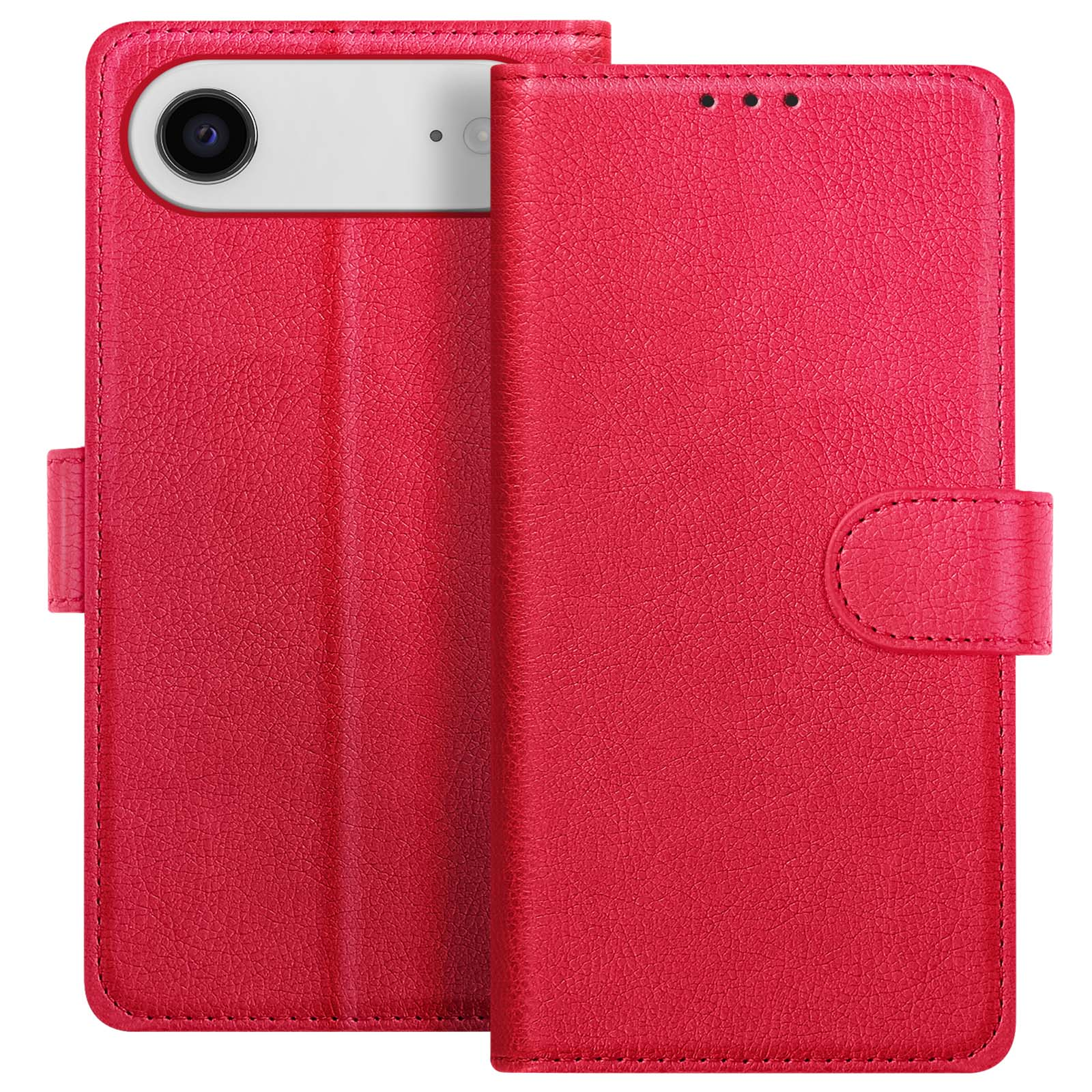 Una custodia rossa per telefono è aperta. La fotocamera del telefono è visibile. La cover è strutturata e ha una chiusura magnetica.