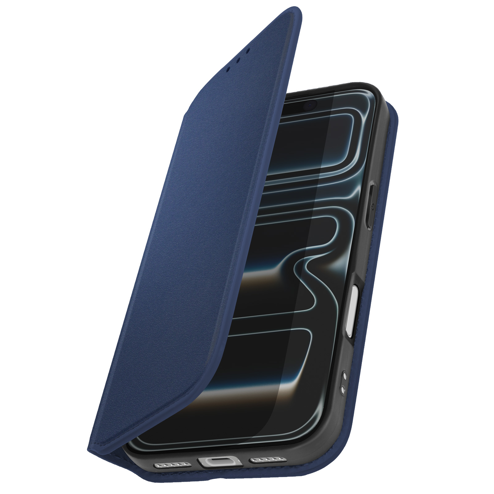 Custodia blu per telefono con cover a ribalta, parzialmente aperta, mostra lo schermo. Sfondo bianco.