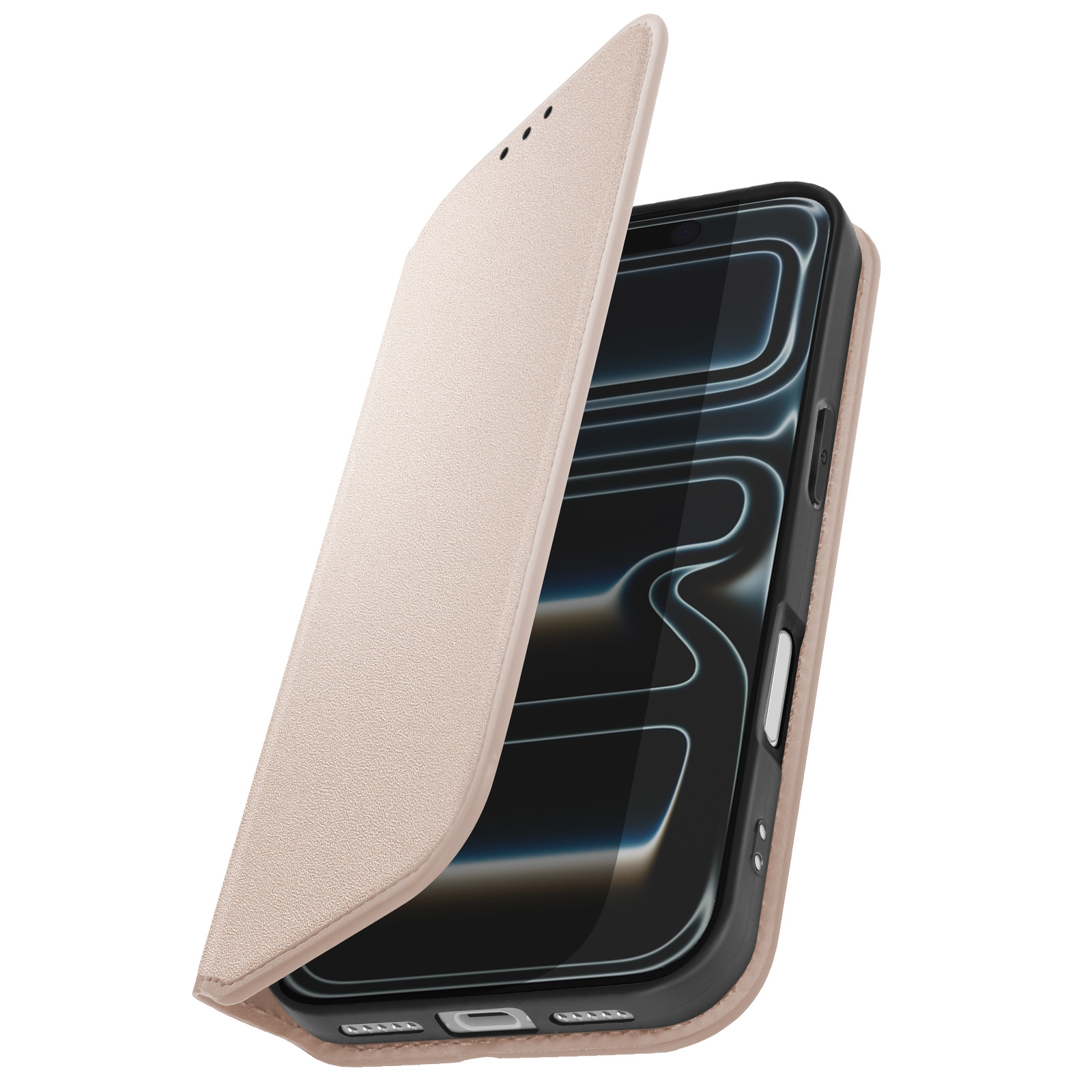 Una custodia per telefono con una copertura marrone chiaro, parzialmente aperta, che rivela lo schermo. Sfondo bianco.