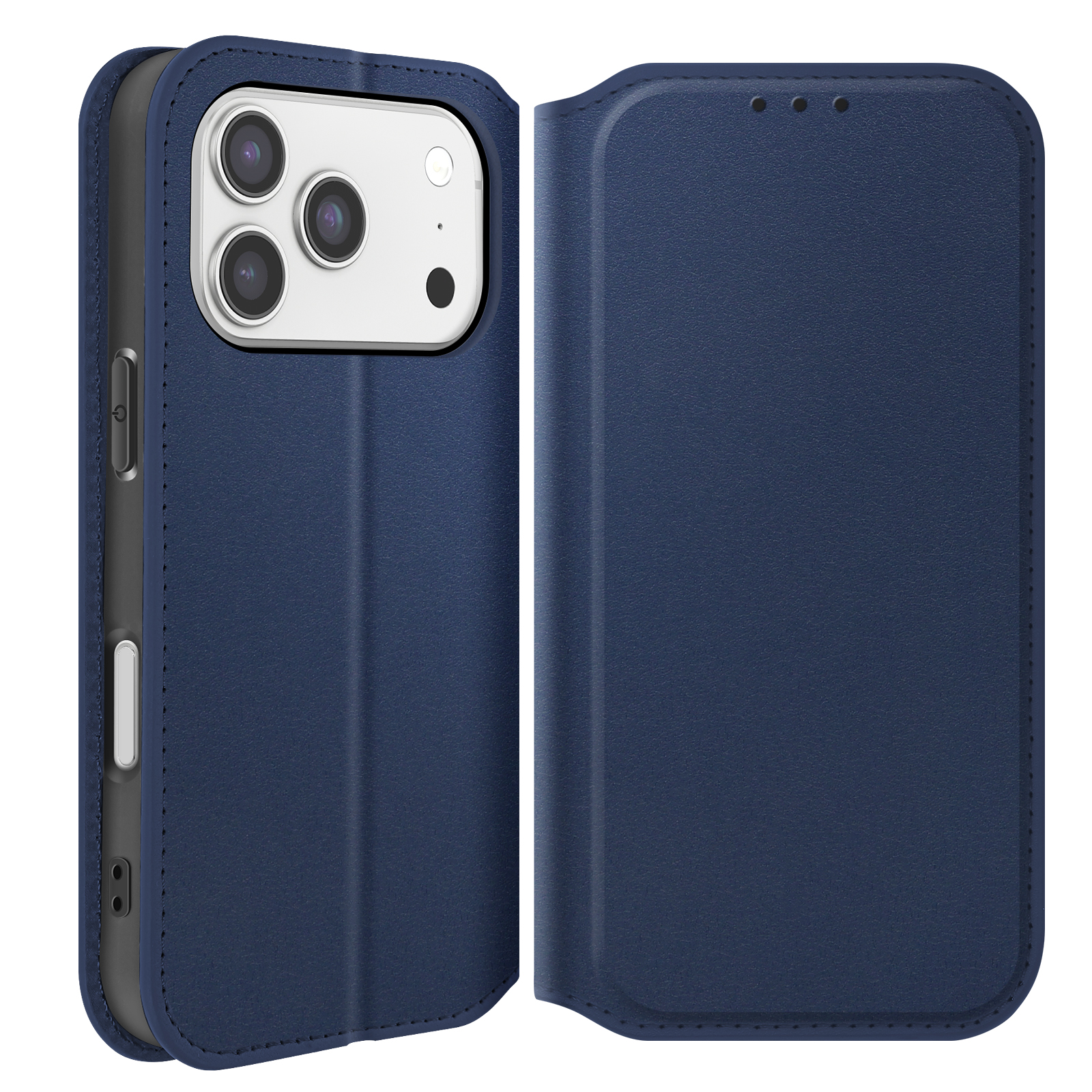 Una custodia blu per telefono, aperta a sinistra e chiusa a destra. Sono visibili tre obiettivi della fotocamera. Sfondo bianco.