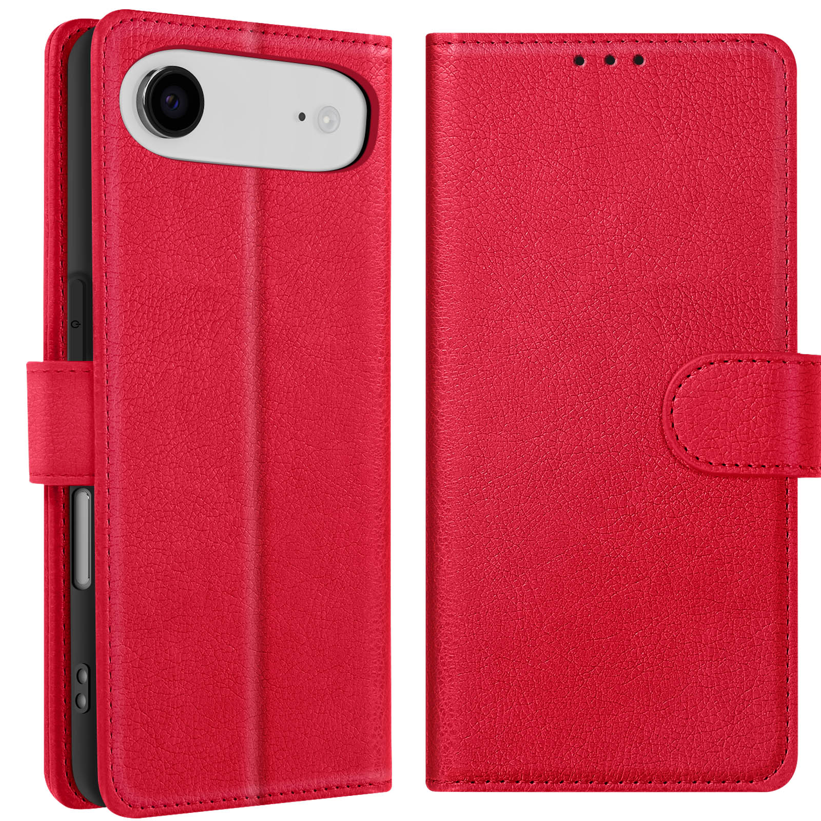 Una custodia per telefono in pelle rossa, aperta, che mostra la fotocamera del telefono e un pulsante. La custodia ha una chiusura magnetica.