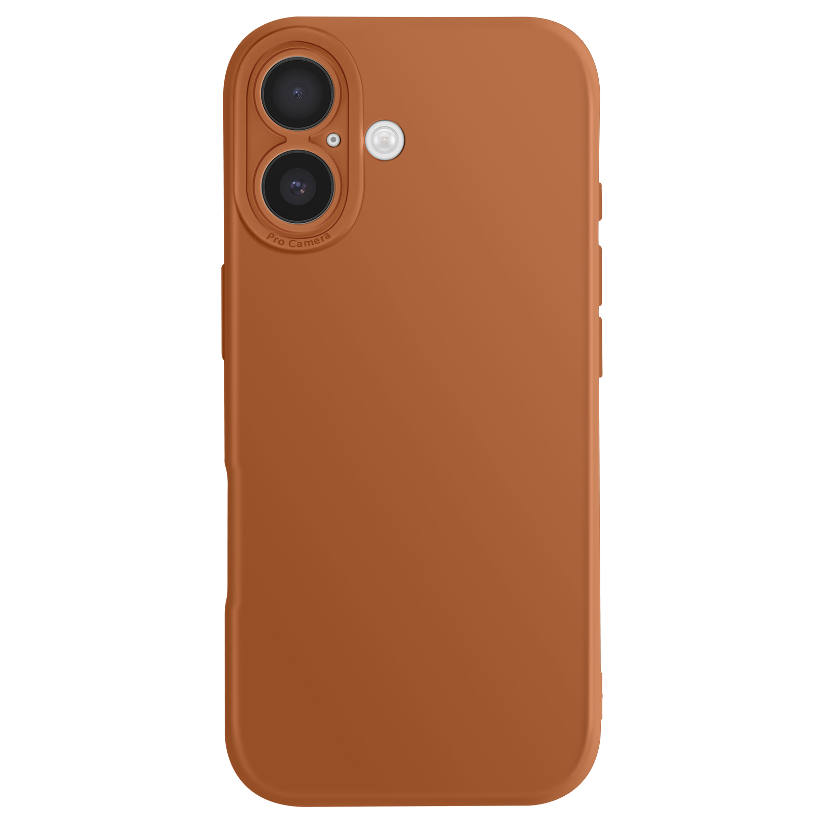 Een telefoonhoesje, bruin van kleur. Het heeft twee cameralenzen en een flitser. De zijkanten hebben knoppen.
