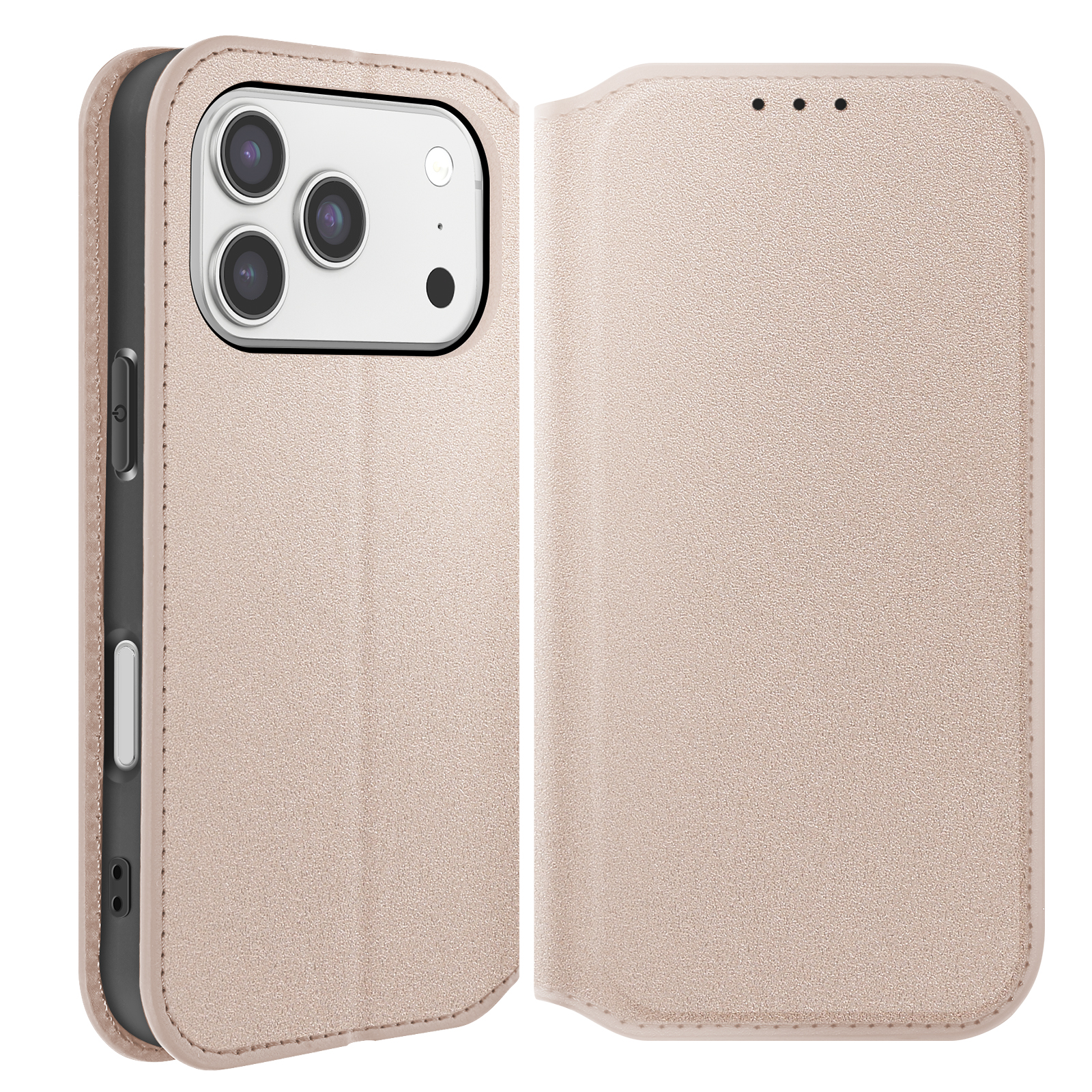 Una custodia per telefono rosa chiaro, aperta lateralmente. È visibile la matrice della fotocamera del telefono. La custodia ha una superficie strutturata.