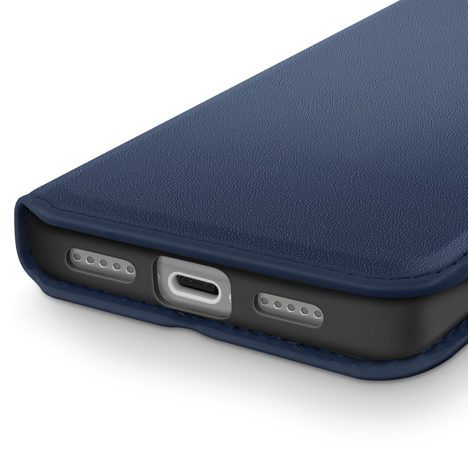 Primo piano di una custodia blu per telefono con superficie strutturata, che mostra porte e aperture su sfondo bianco.