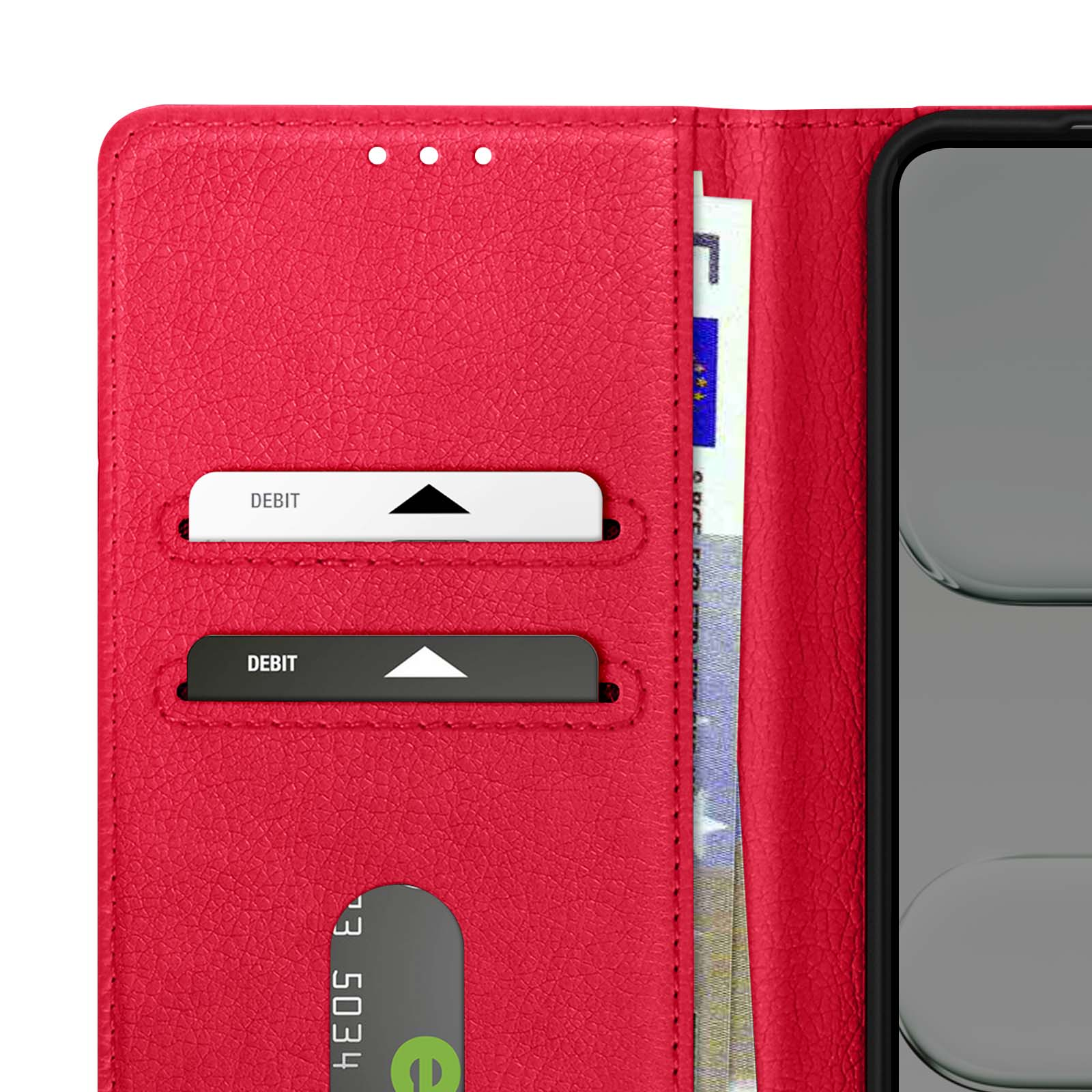 Portafoglio rosso con carte e telefono. Sono visibili due carte di debito. Sono visibili anche banconote in euro.