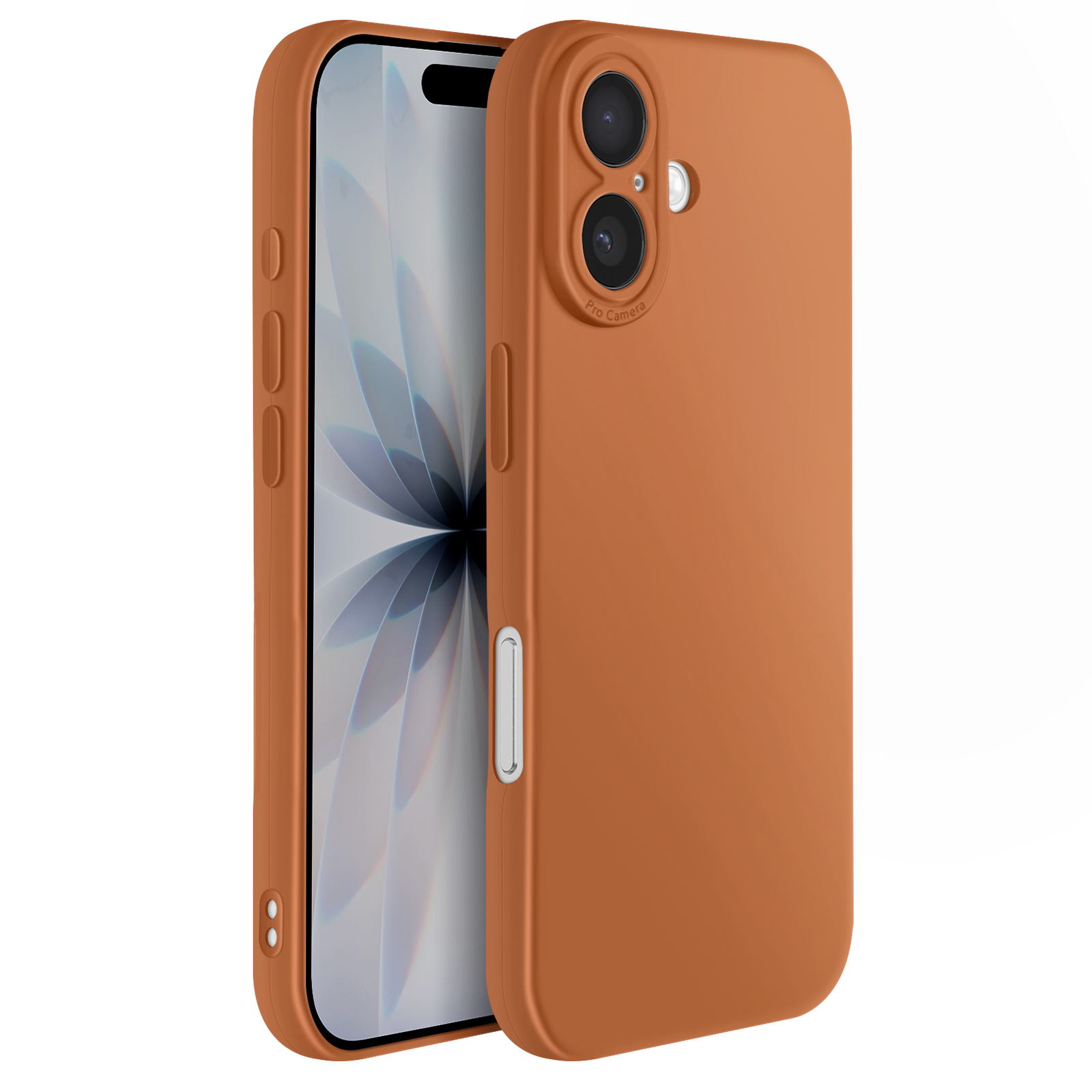 Een oranje telefoonhoesje met een telefoon erin. De hoes heeft uitsparingen voor de camera en knoppen. Het telefoonscherm toont een bloemenontwerp.