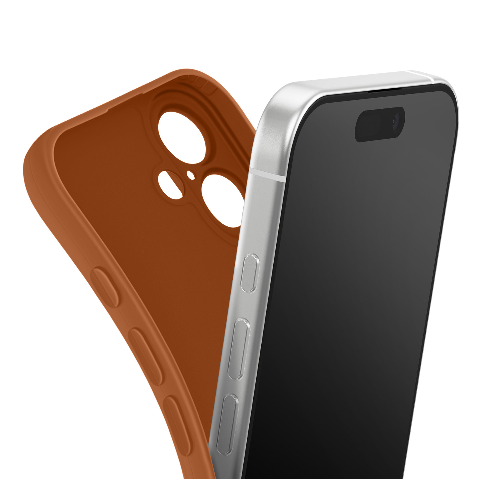 Een telefoon met een zwart scherm en zilveren frame naast een bruine telefoonhoes.