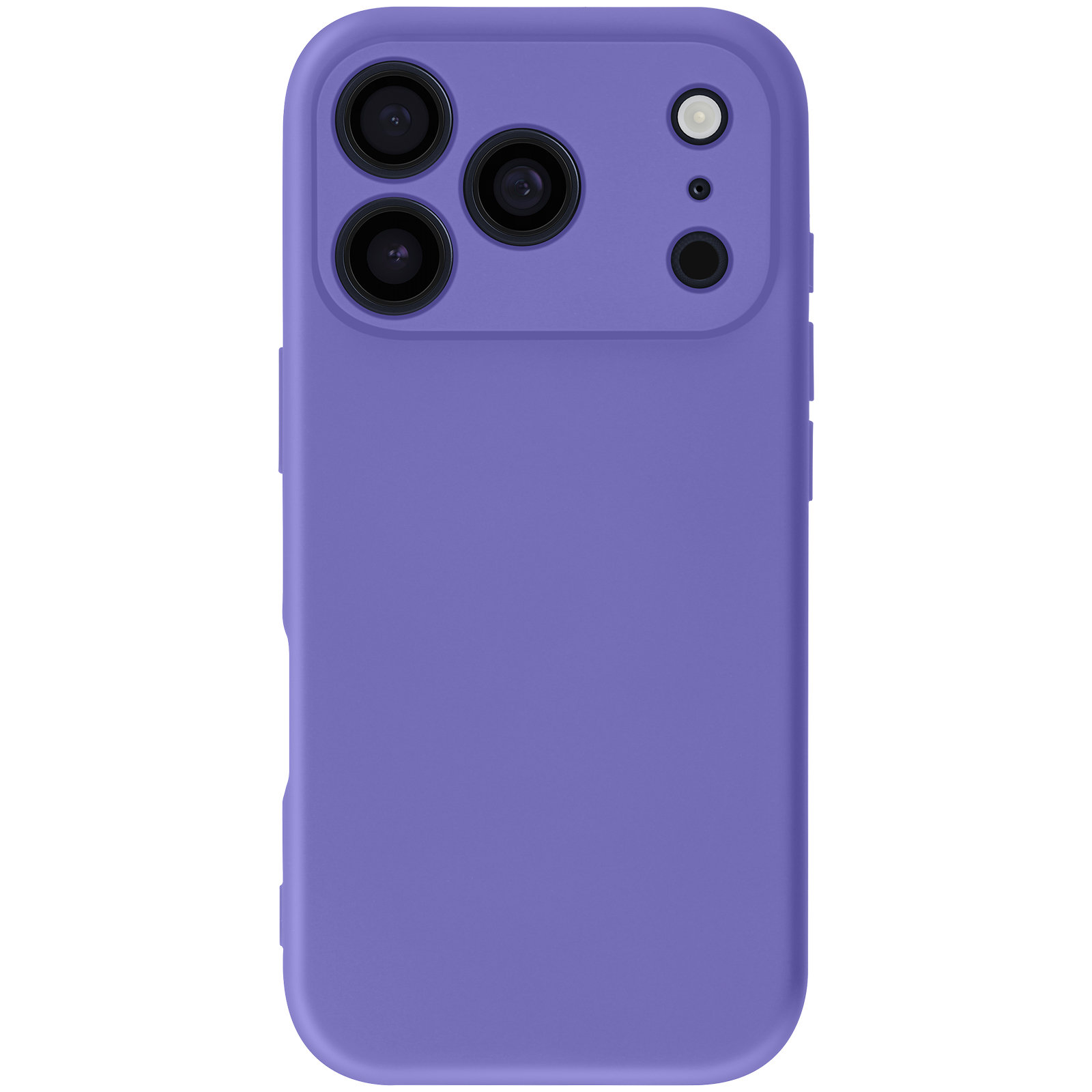 Een close-up van een lavendelkleurige telefoonhoes met een cameramodule met drie lenzen en twee kleinere openingen.