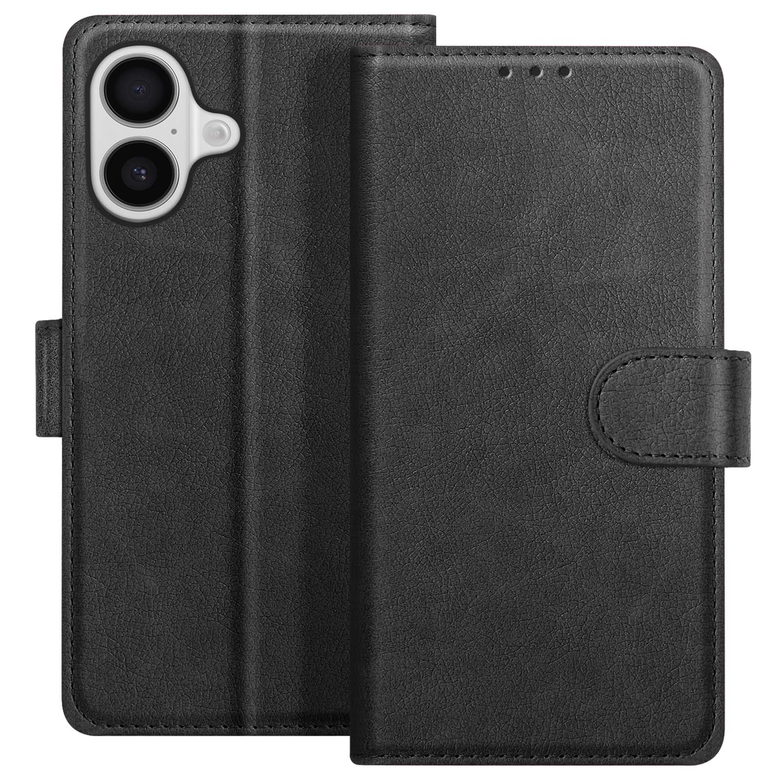 Custodia per telefono in pelle nera, aperta. Ha ritagli per la fotocamera. La custodia ha una chiusura magnetica.