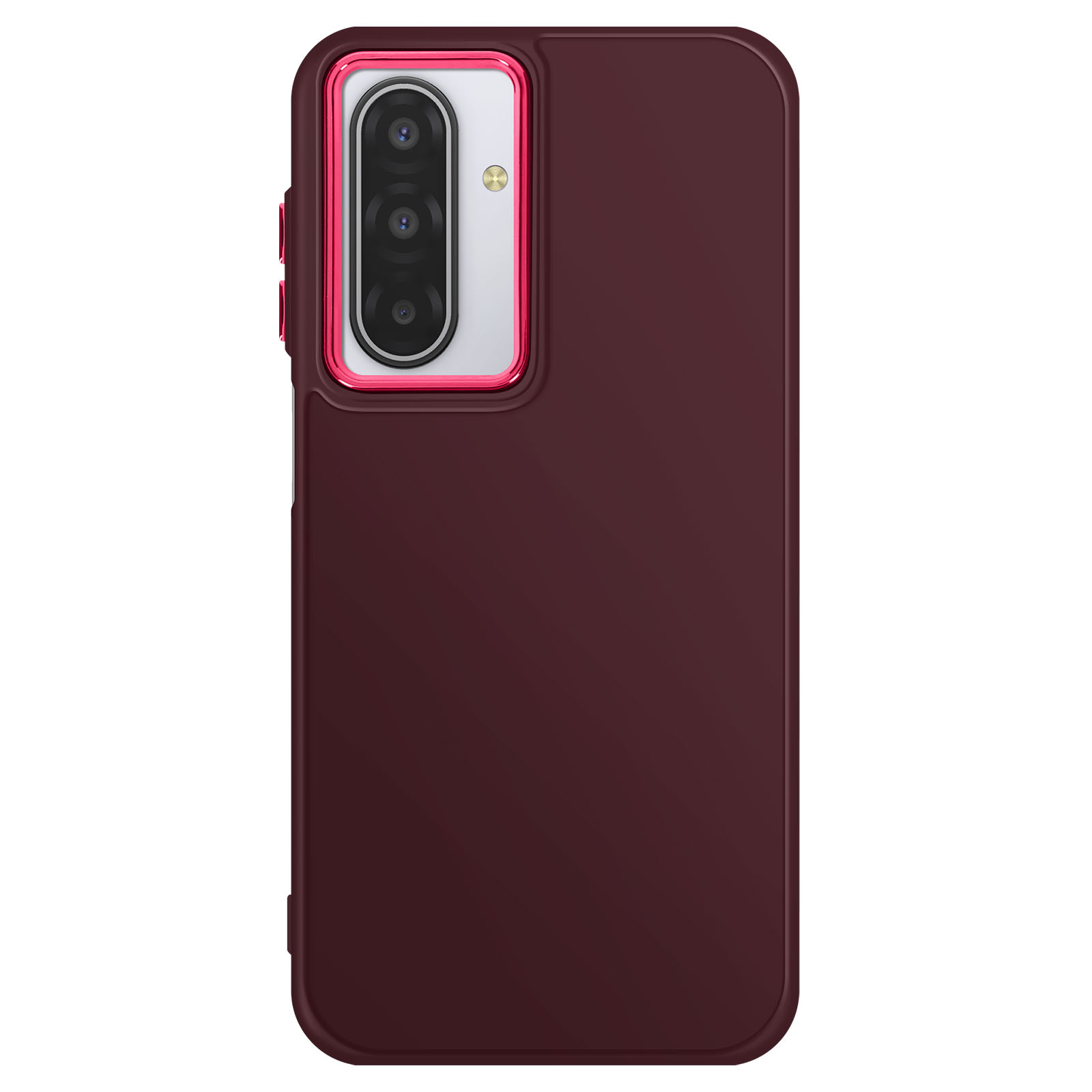 Una custodia per telefono bordeaux con un ritaglio per la fotocamera. L'area della fotocamera è bianca con un bordo rosso. La custodia ha pulsanti laterali.