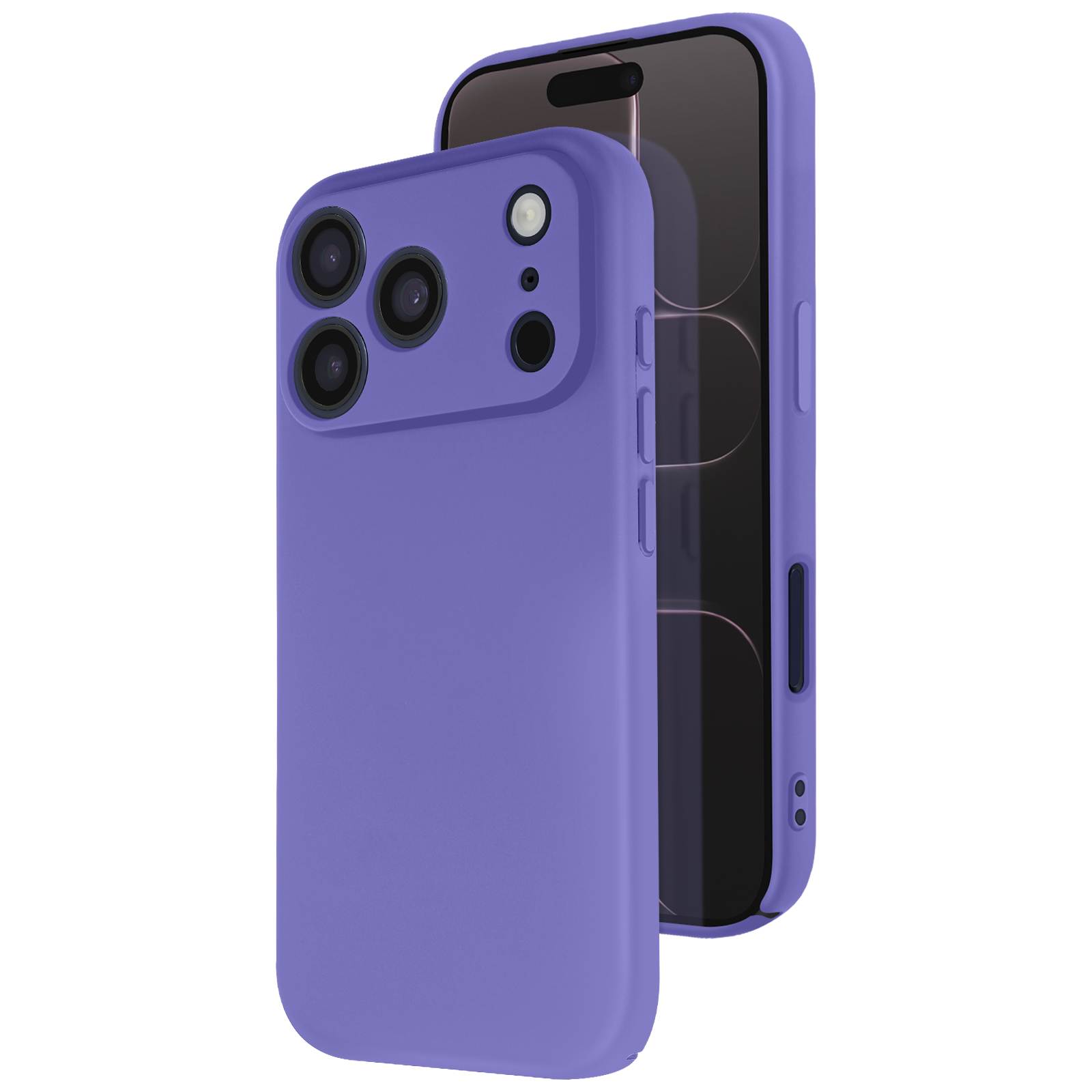 Un téléphone violet avec un étui assorti, légèrement incliné. Le téléphone a plusieurs caméras et un design élégant.