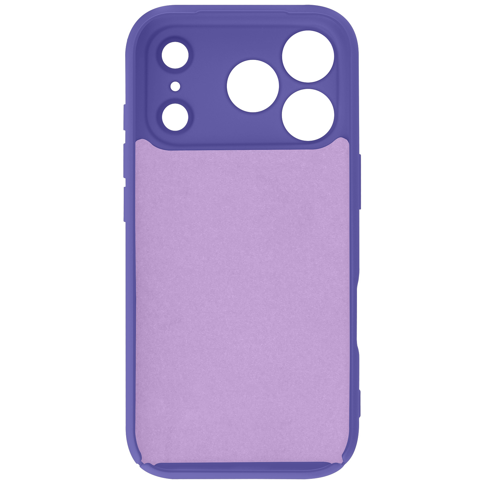 Une coque de téléphone violette avec des découpes pour l'appareil photo. L'étui est bicolore avec un centre violet plus clair.