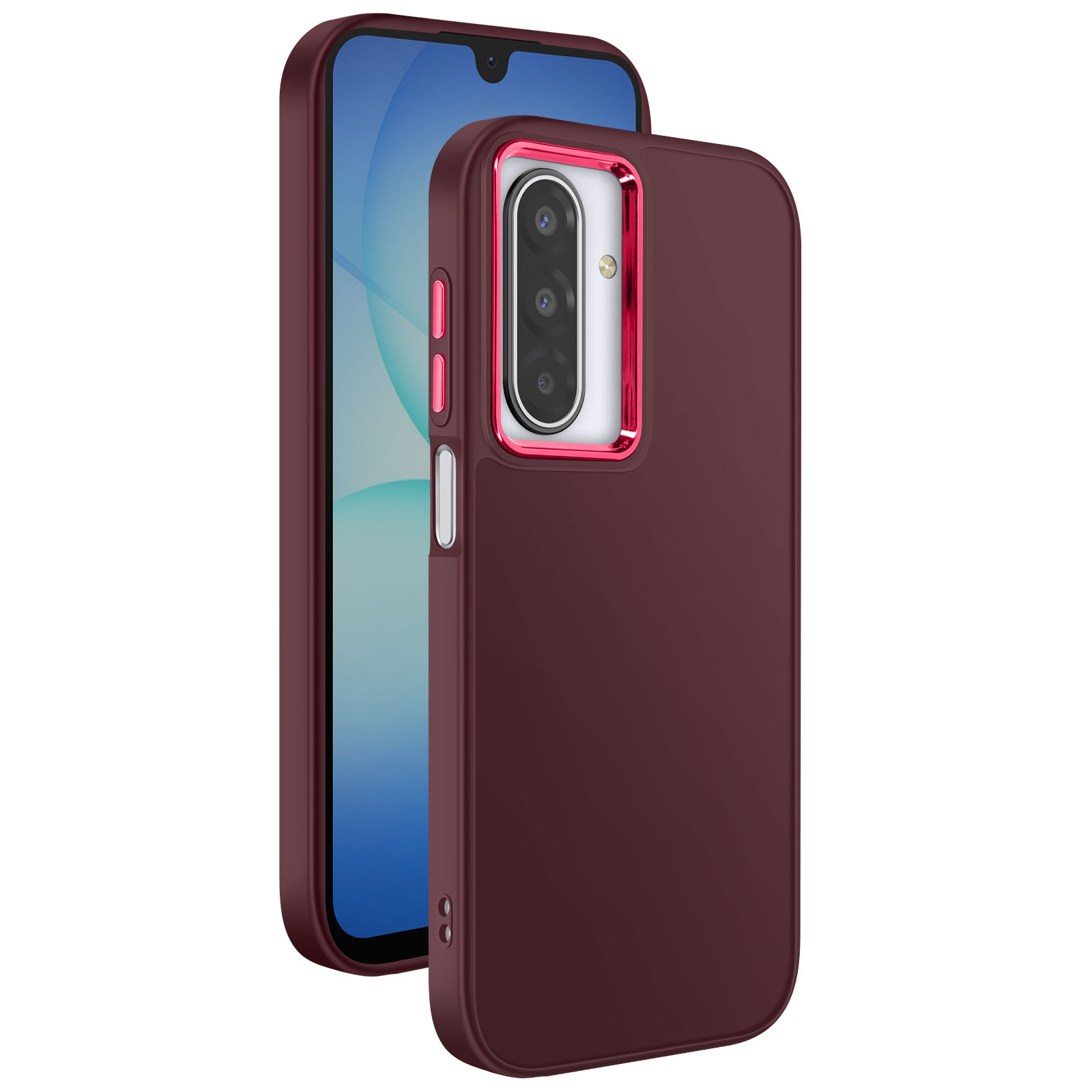 Sono mostrati una custodia per telefono e un telefono. La custodia è bordeaux con un bordo rosso per la fotocamera. Lo schermo è blu.