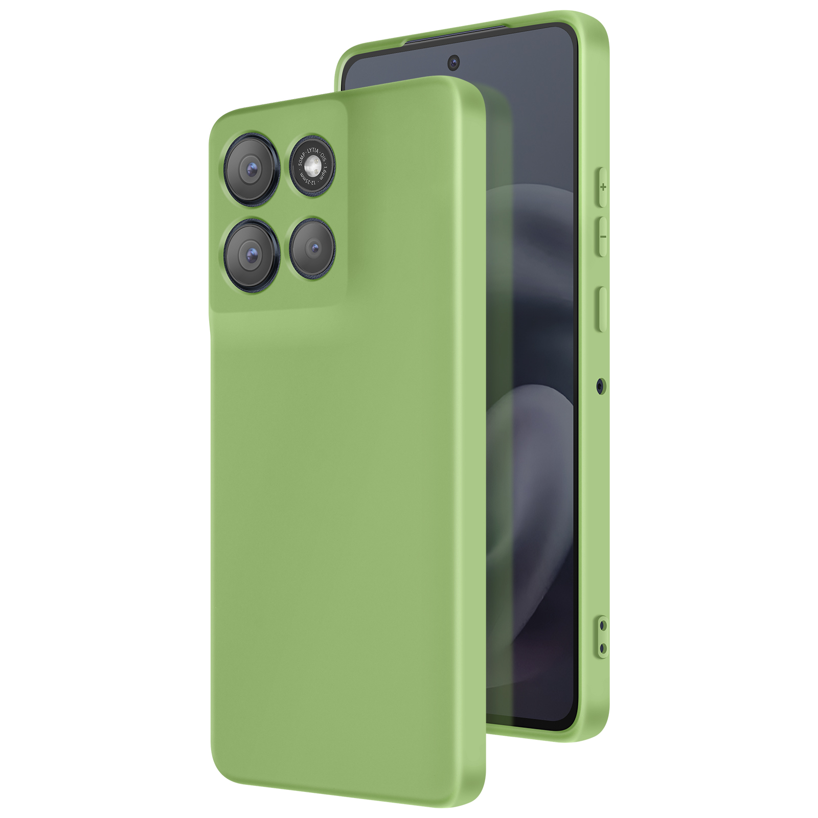 Une coque de téléphone verte avec quatre objectifs photo à l'arrière. Le téléphone est à côté de la coque. Fond blanc.