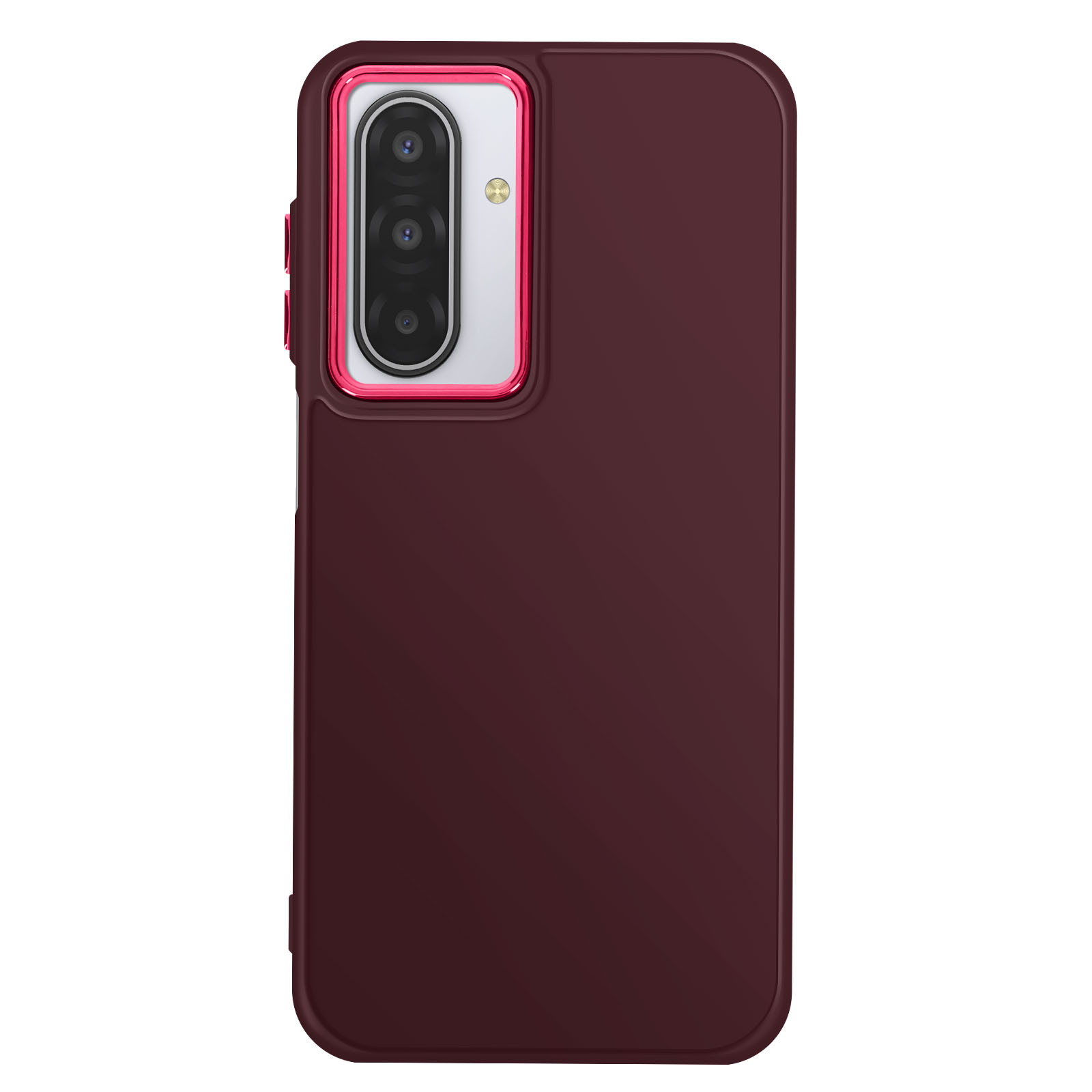 Una custodia per telefono bordeaux con un ritaglio per la fotocamera. La fotocamera ha tre obiettivi. La custodia ha un bordo rosa.