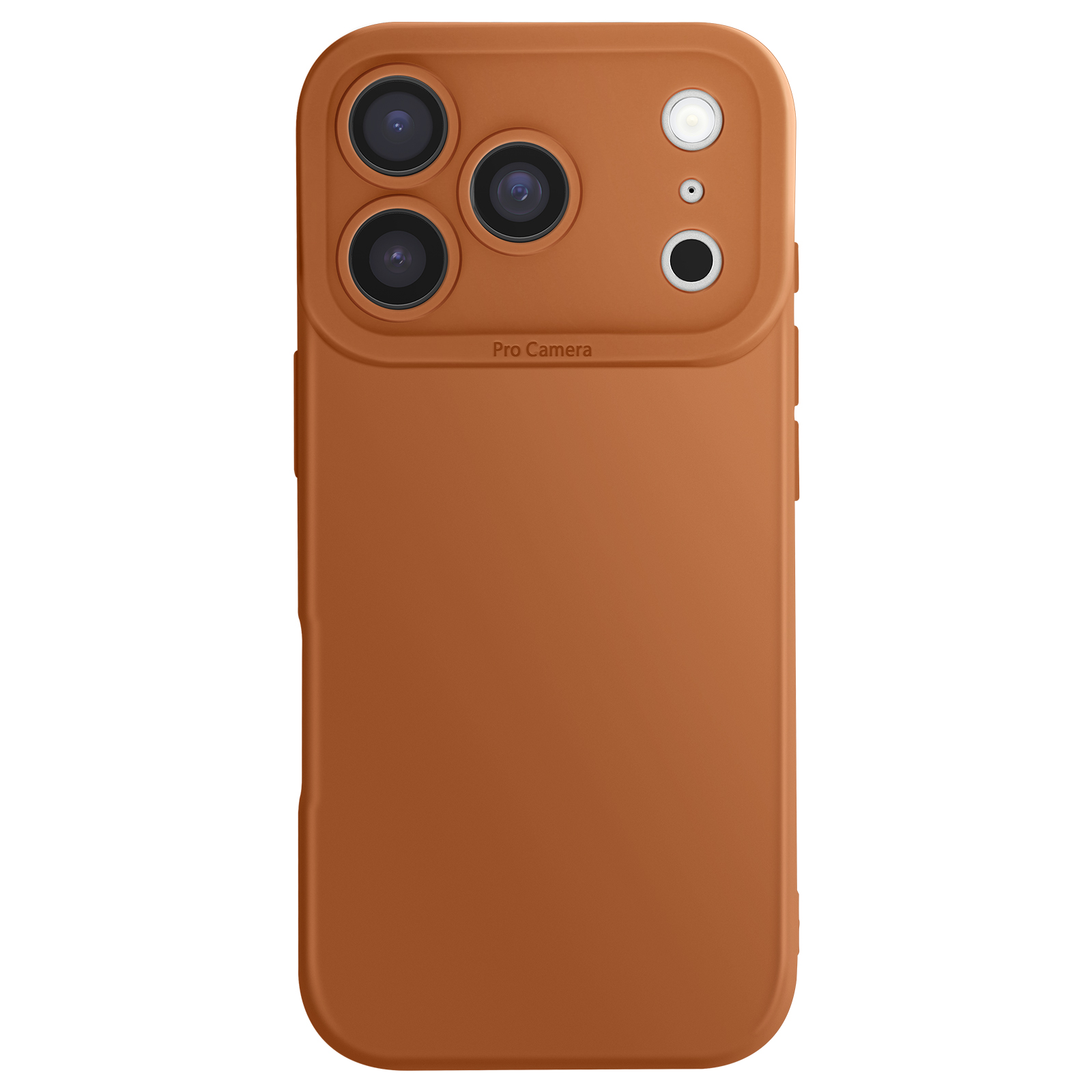 Een bruine telefoonhoes met een camera-uitsparing. De hoes heeft vier cameralenzen, een flitser en het woord 'Pro Camera'.