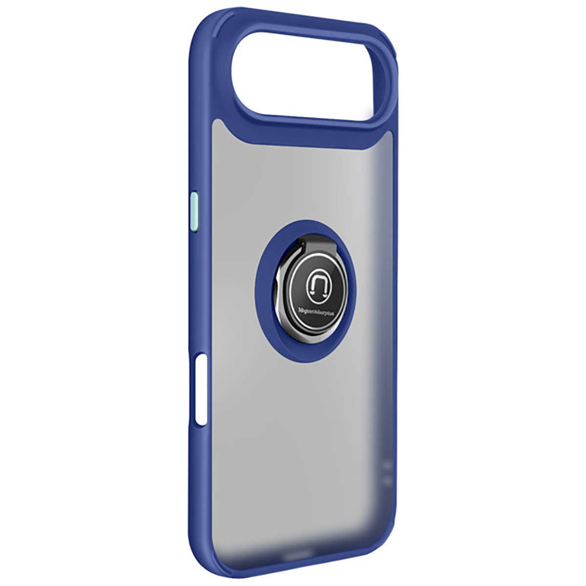Een blauwe en doorzichtige telefoonhoes met een ringhouder. De ringhouder heeft een zilveren frame en een zwart midden met een headset-icoon.