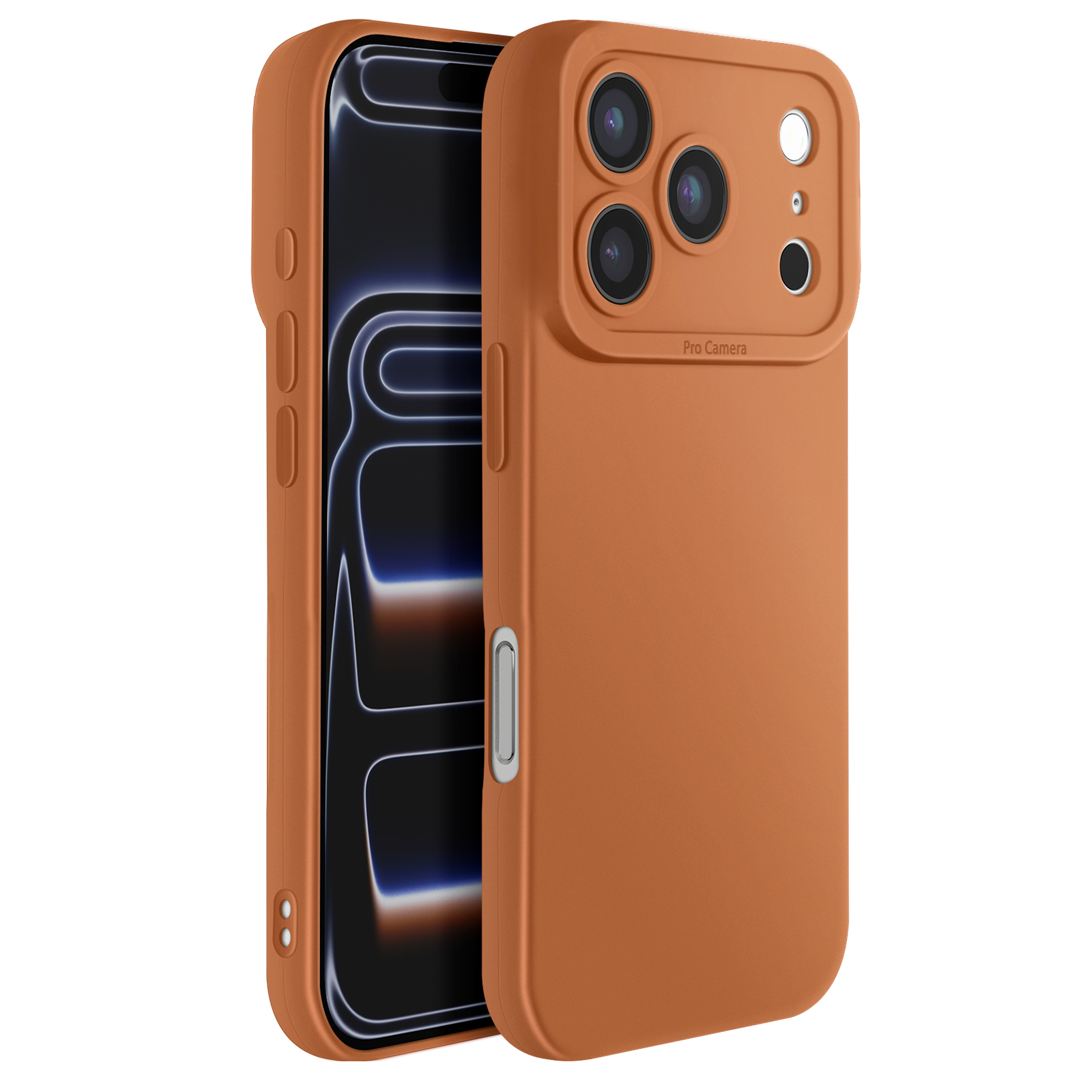 Een oranje telefoonhoesje met een telefoon erin. De hoes heeft een camerabult en het scherm is zichtbaar.
