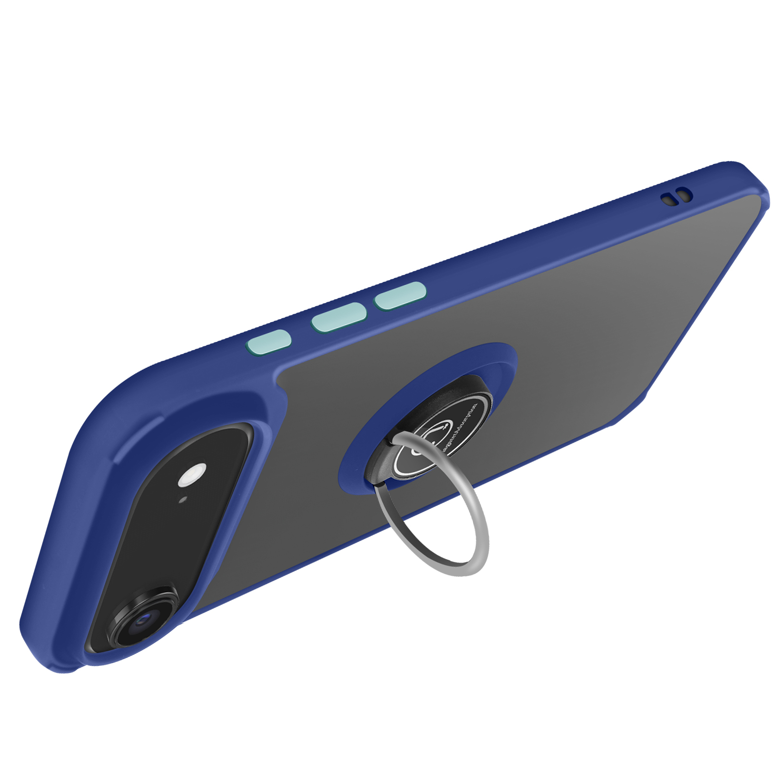 Een blauwe telefoonhoes met een ringhouder. De hoes heeft een grijze achterkant en een camera. De ringhouder is zilver.