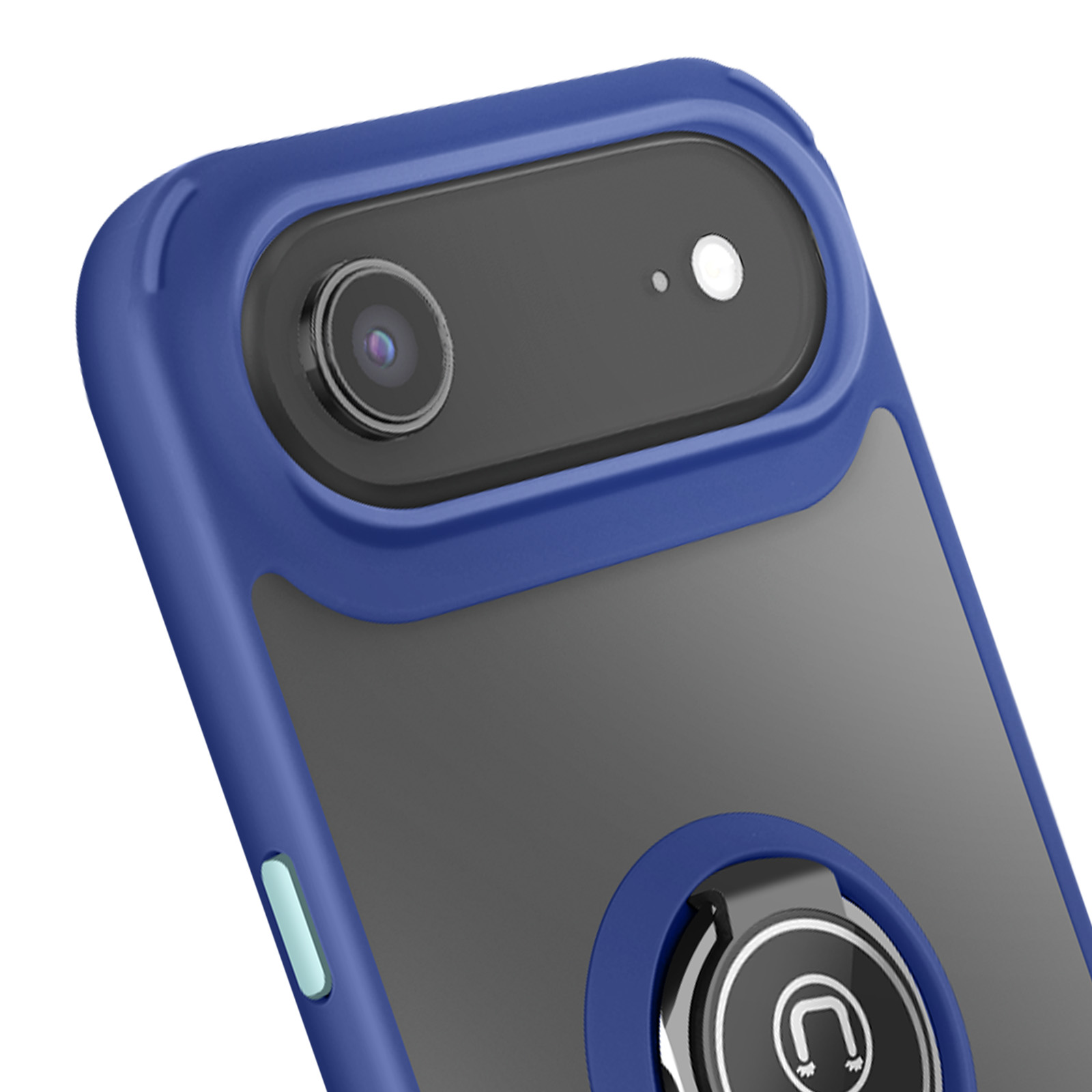 Close-up van een telefoonhoesje, blauw frame, zwart camera-gedeelte en een ringhouder. De hoes heeft een doorzichtige achterkant.