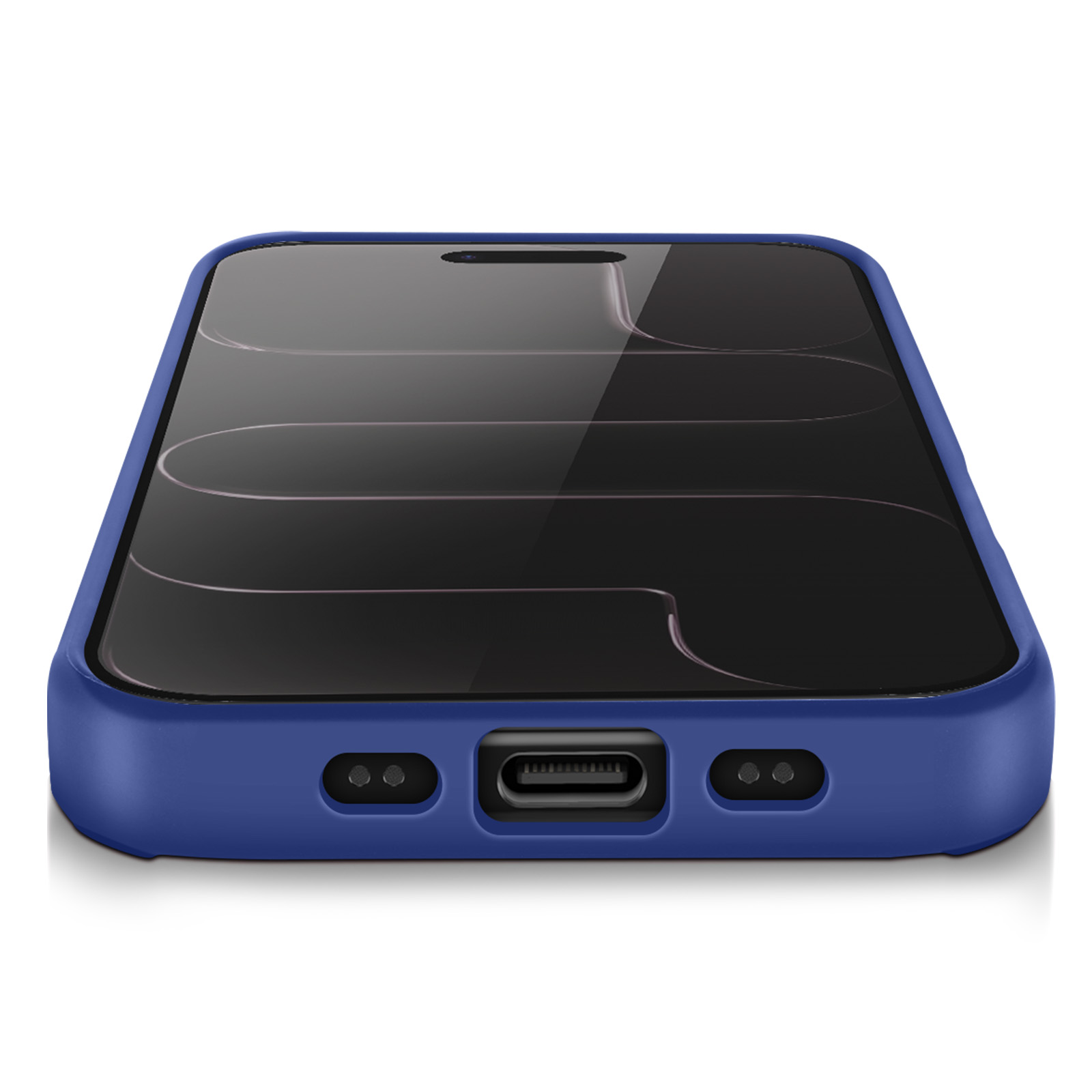 Een blauwe telefoonhoes met een zwart scherm wordt weergegeven tegen een witte achtergrond. De hoes is op maat gemaakt.