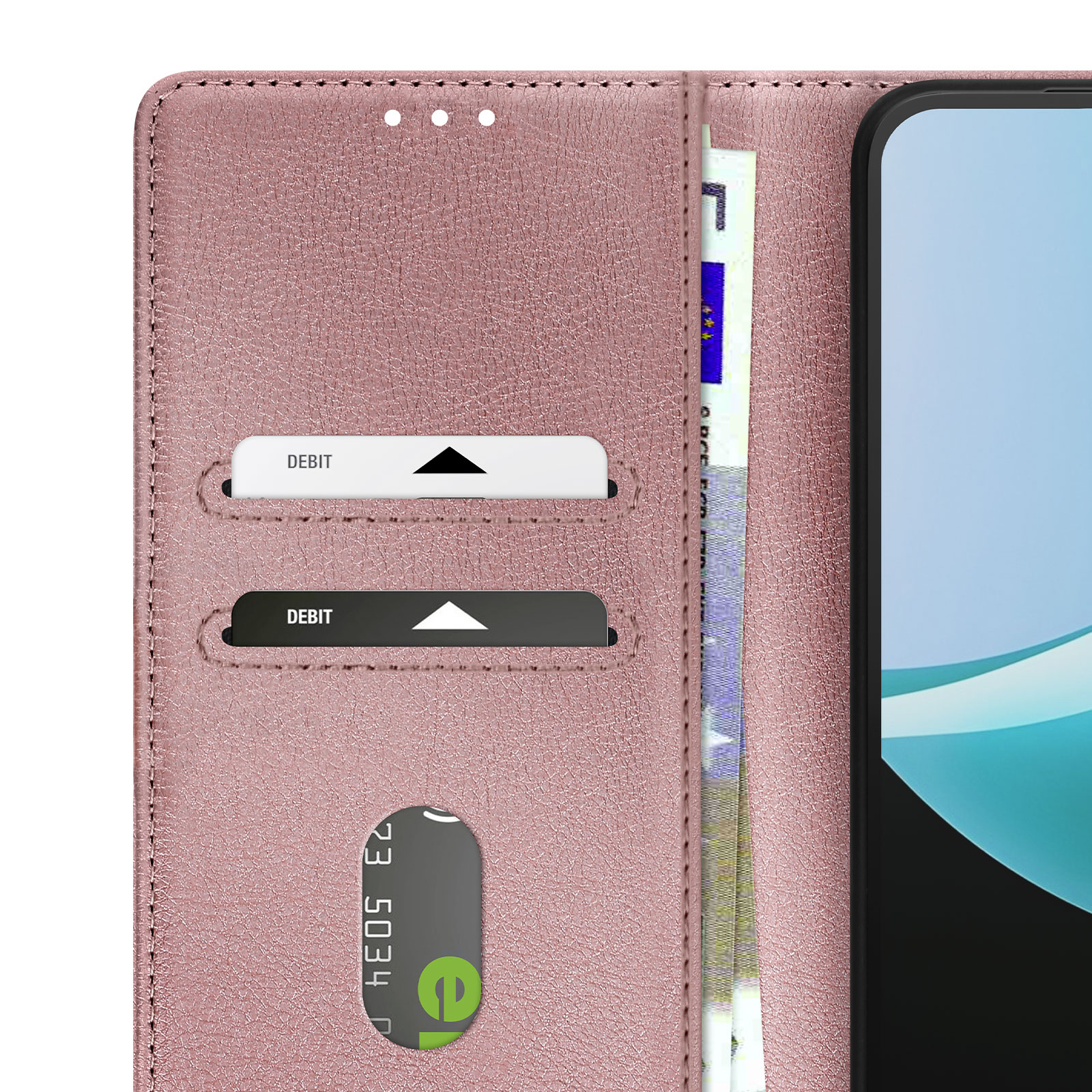 Eine rosa Handyhülle mit EC-Kartenfächern und einem Smartphone. Eine Rechnung ist sichtbar.