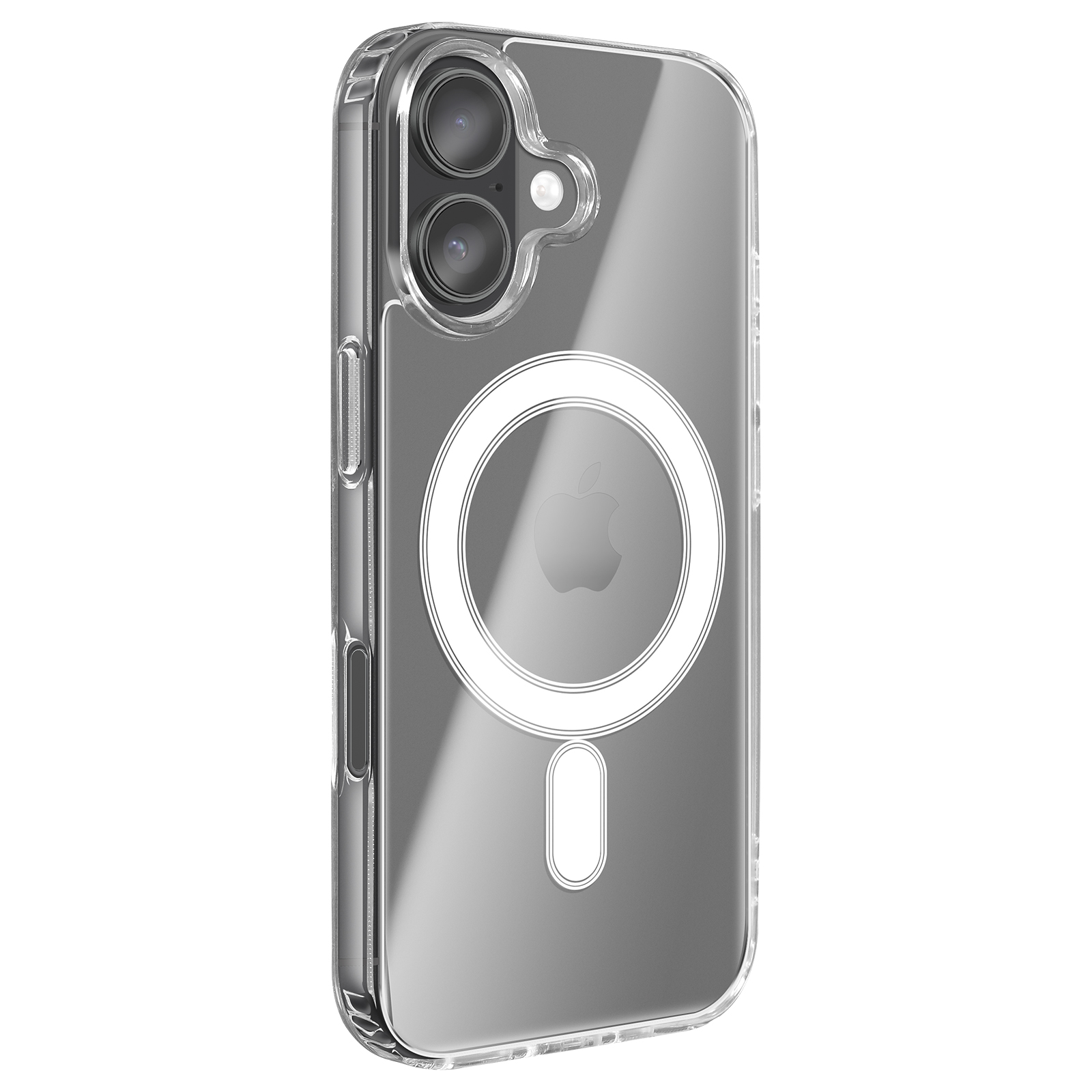 Coque de téléphone transparente avec logo Apple, anneau magnétique circulaire et partie inférieure rectangulaire.