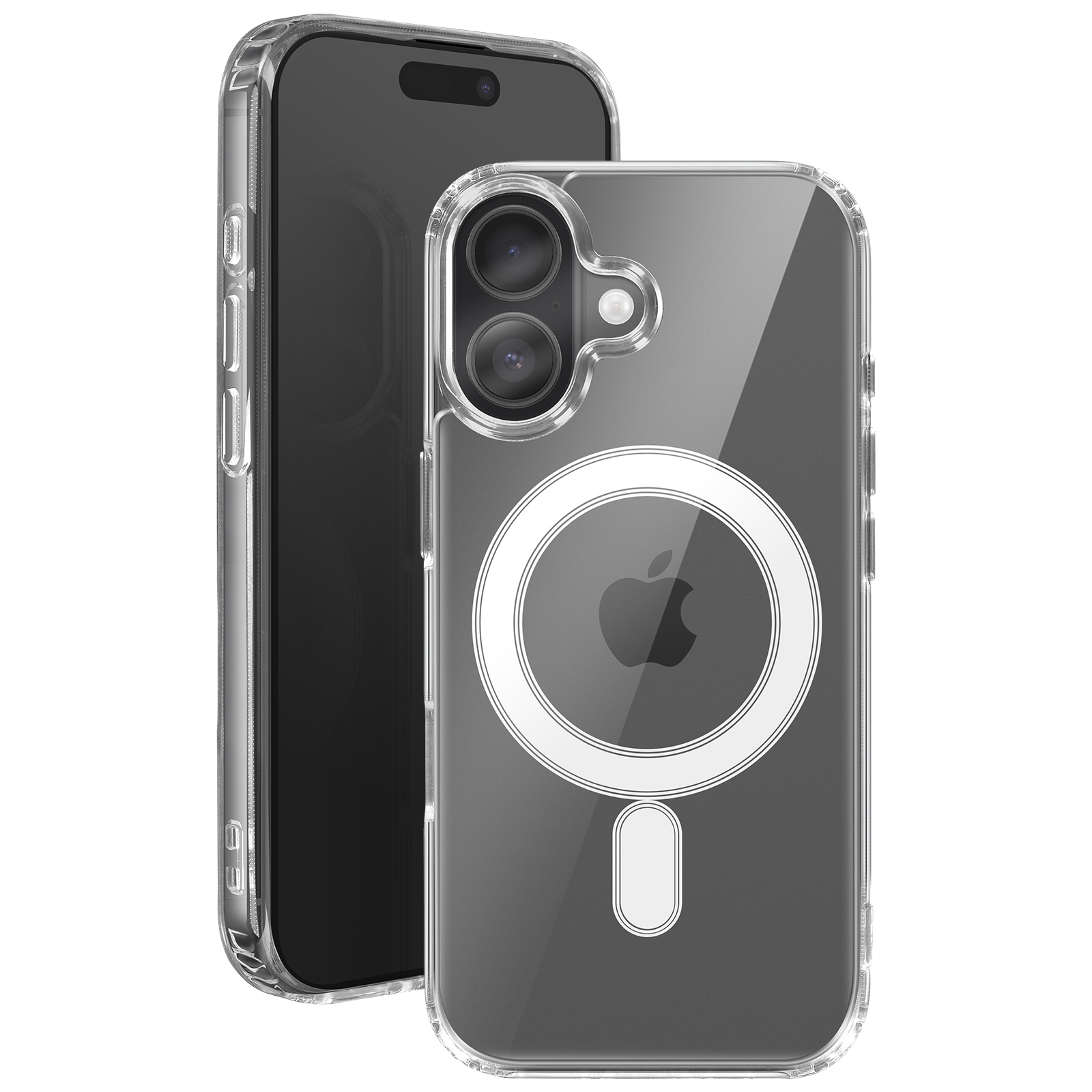 Deux coques de téléphone transparentes. L'une derrière l'autre. Les deux ont le logo Apple et des découpes pour l'appareil photo. Fond blanc.