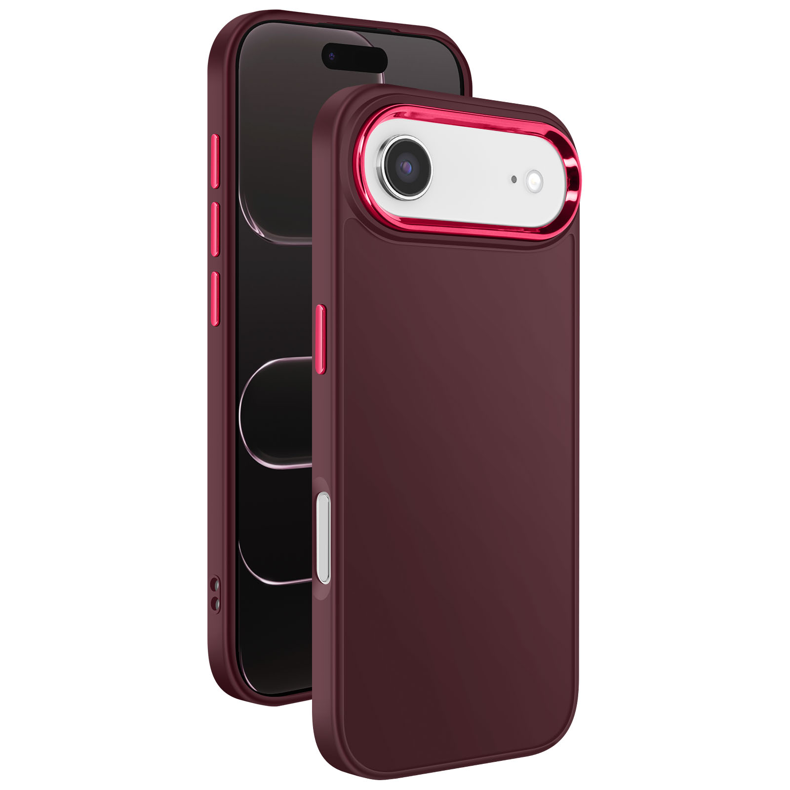 Due custodie bordeaux per telefono. Una tiene un telefono. L'area della fotocamera ha un anello rosso.