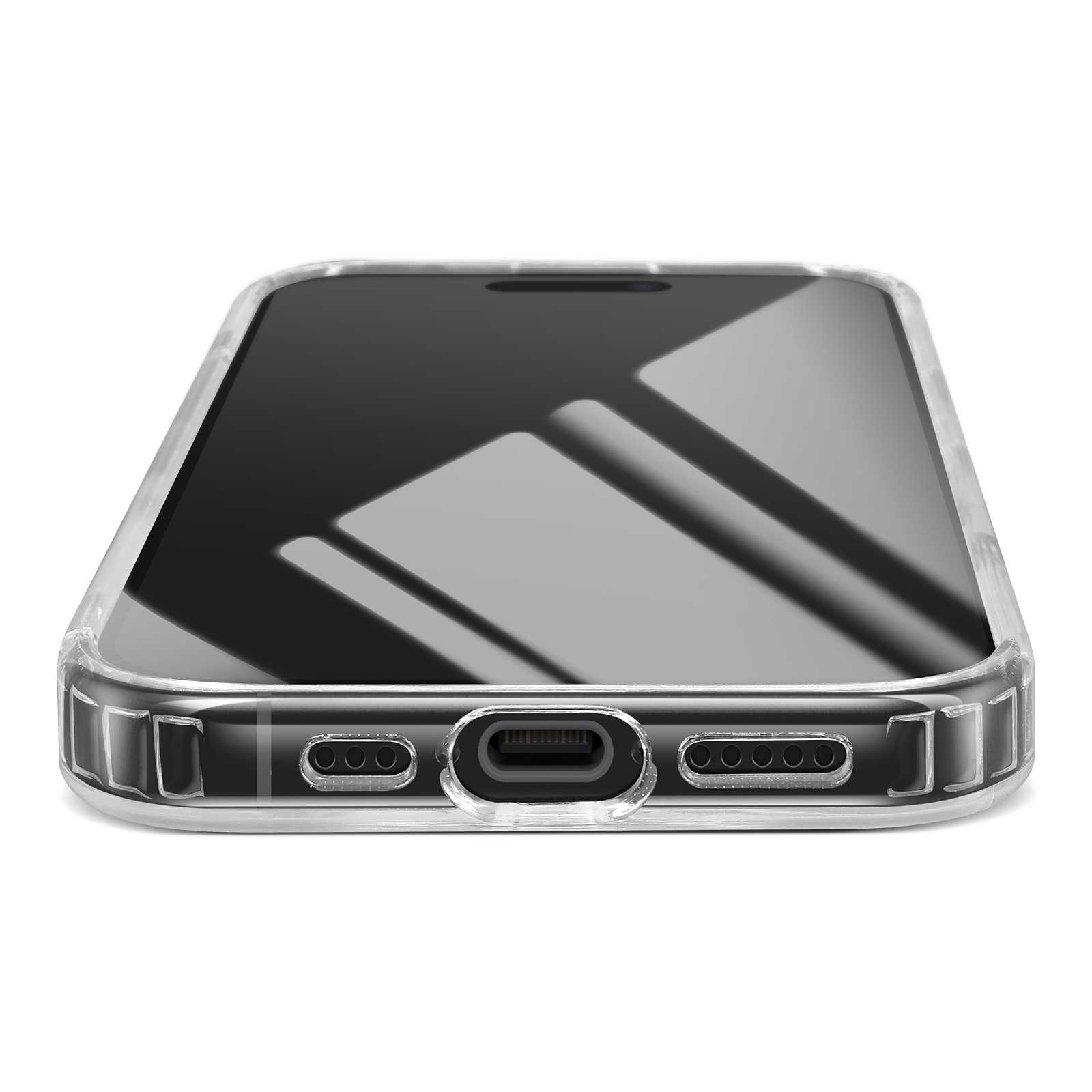 Une coque de téléphone transparente sur fond blanc. La coque entoure un téléphone noir avec des trous de haut-parleur.