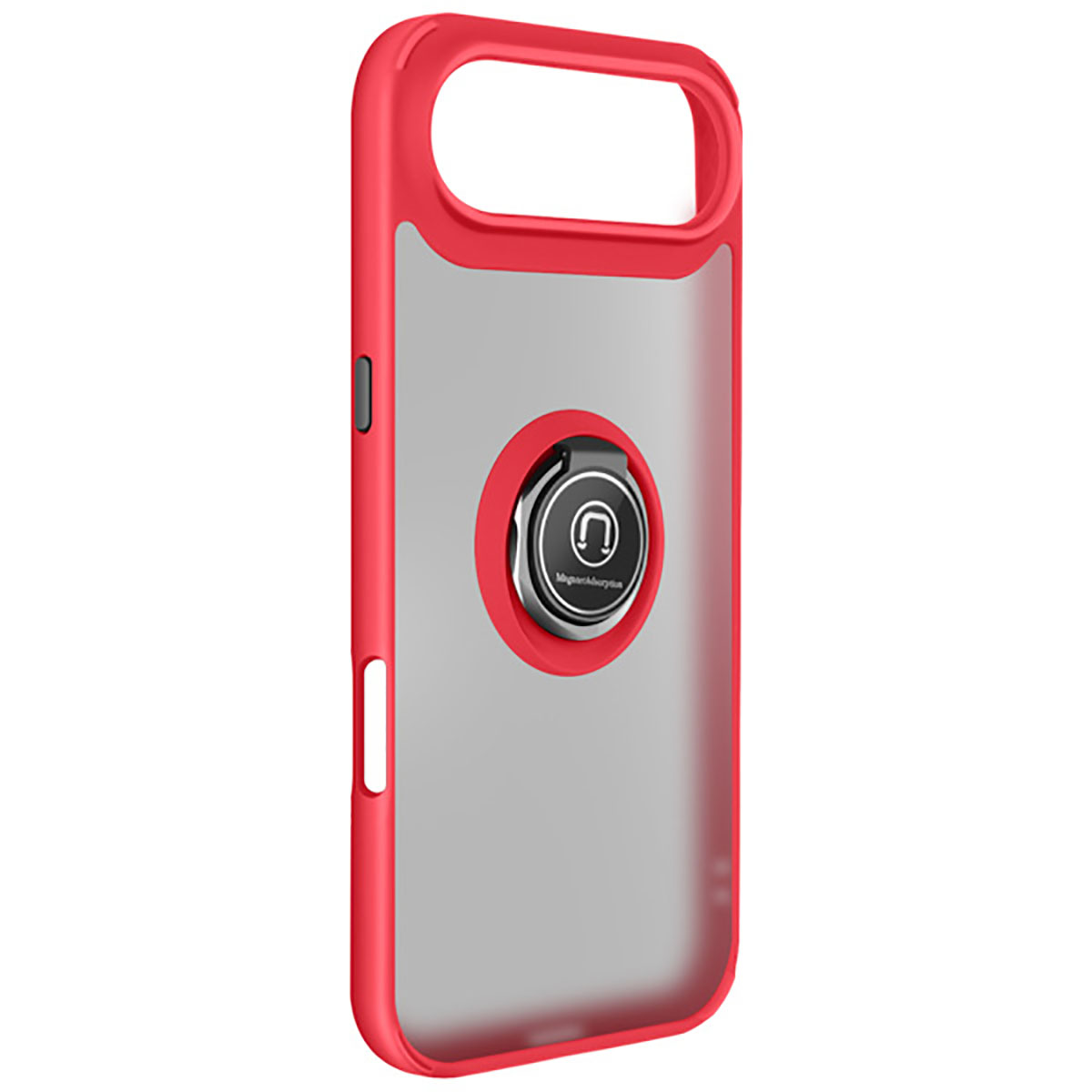 Een rode en transparante telefoonhoes met een ringhouder. De houder is zilverkleurig met een zwarte cirkel en een koptelefoonsymbool.
