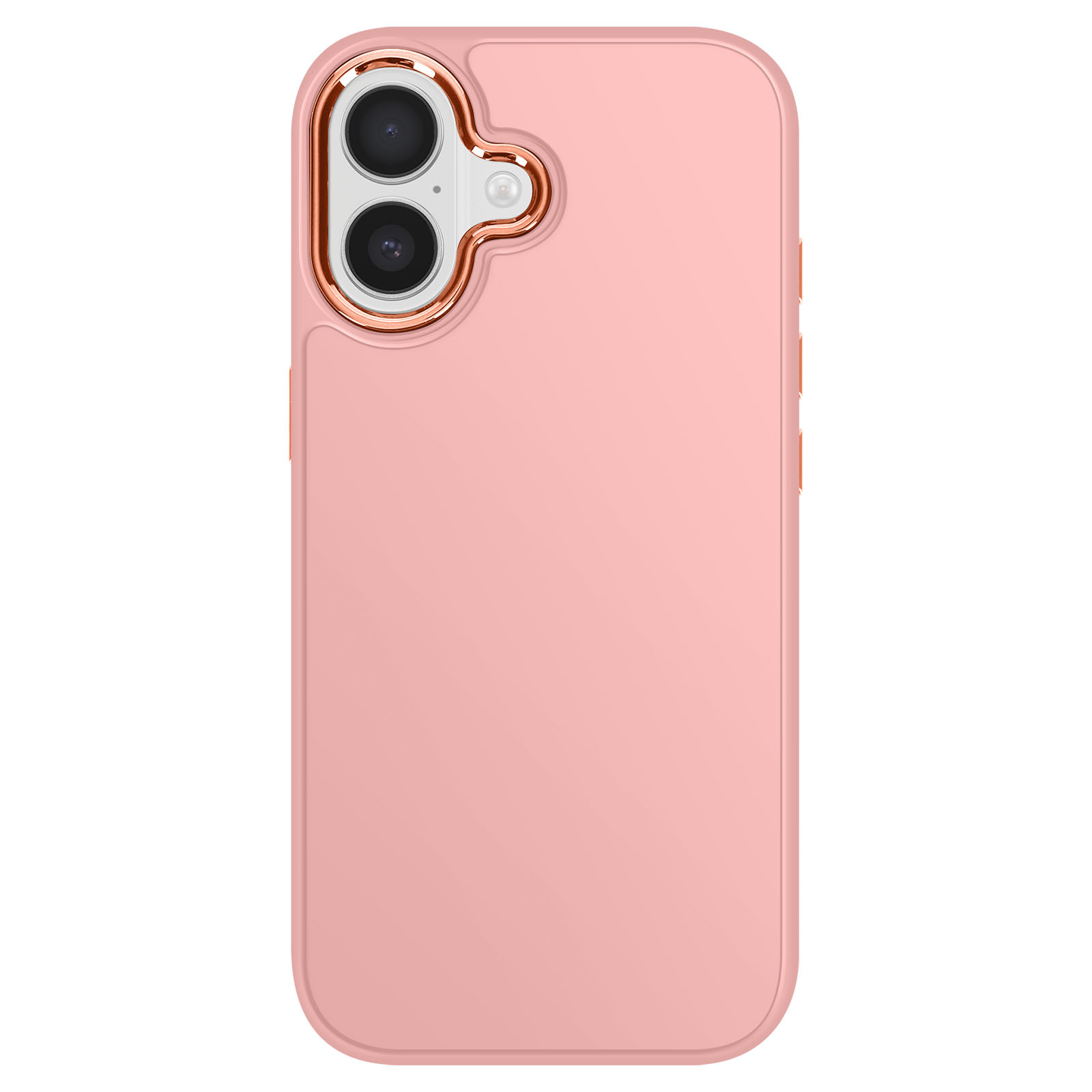 Custodia rosa per telefono con anello dorato per fotocamera, due obiettivi e pulsanti laterali, su sfondo bianco.