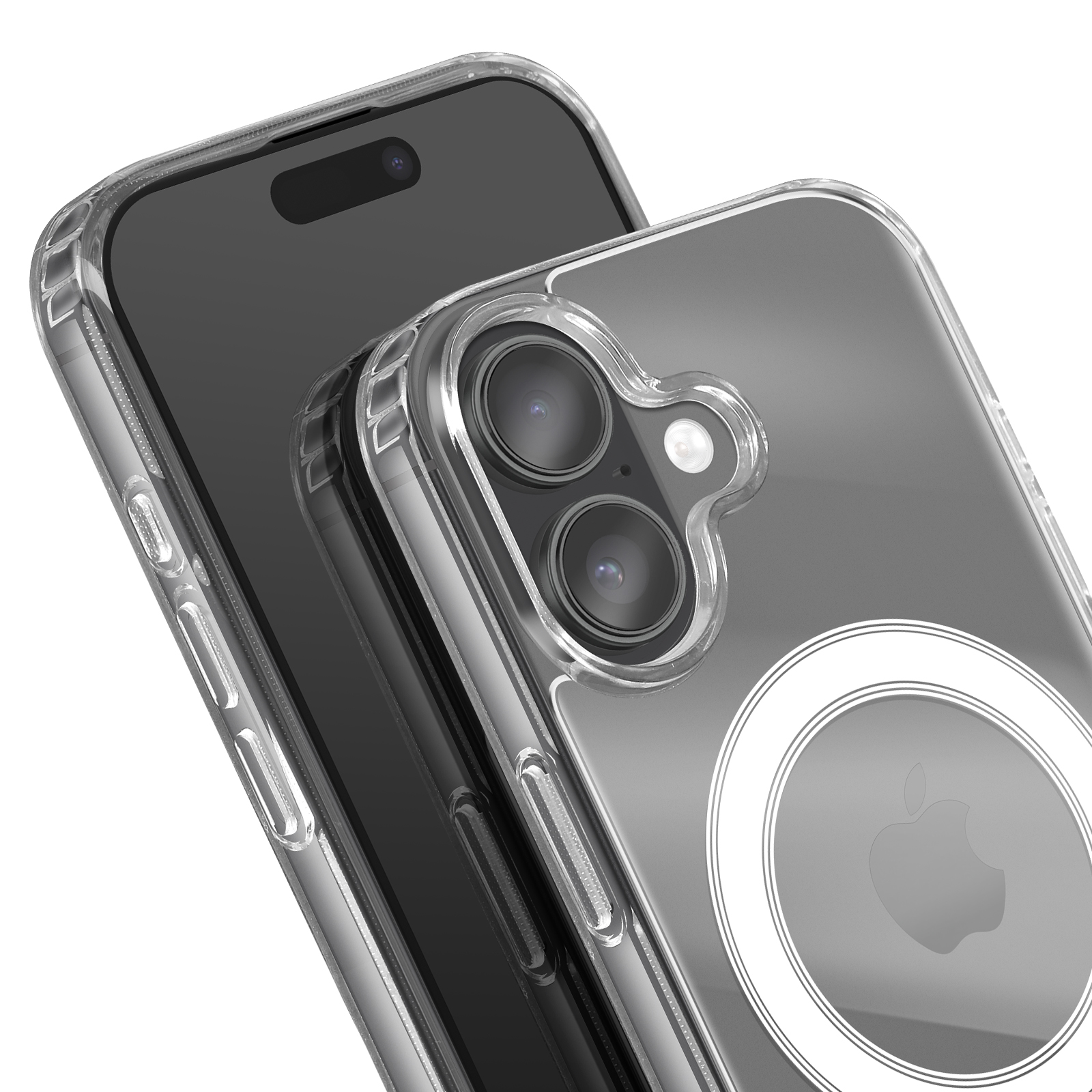 Gros plan de deux smartphones avec des étuis de protection transparents. Un téléphone est derrière l'autre. Les deux étuis ont des découpes pour l'appareil photo.