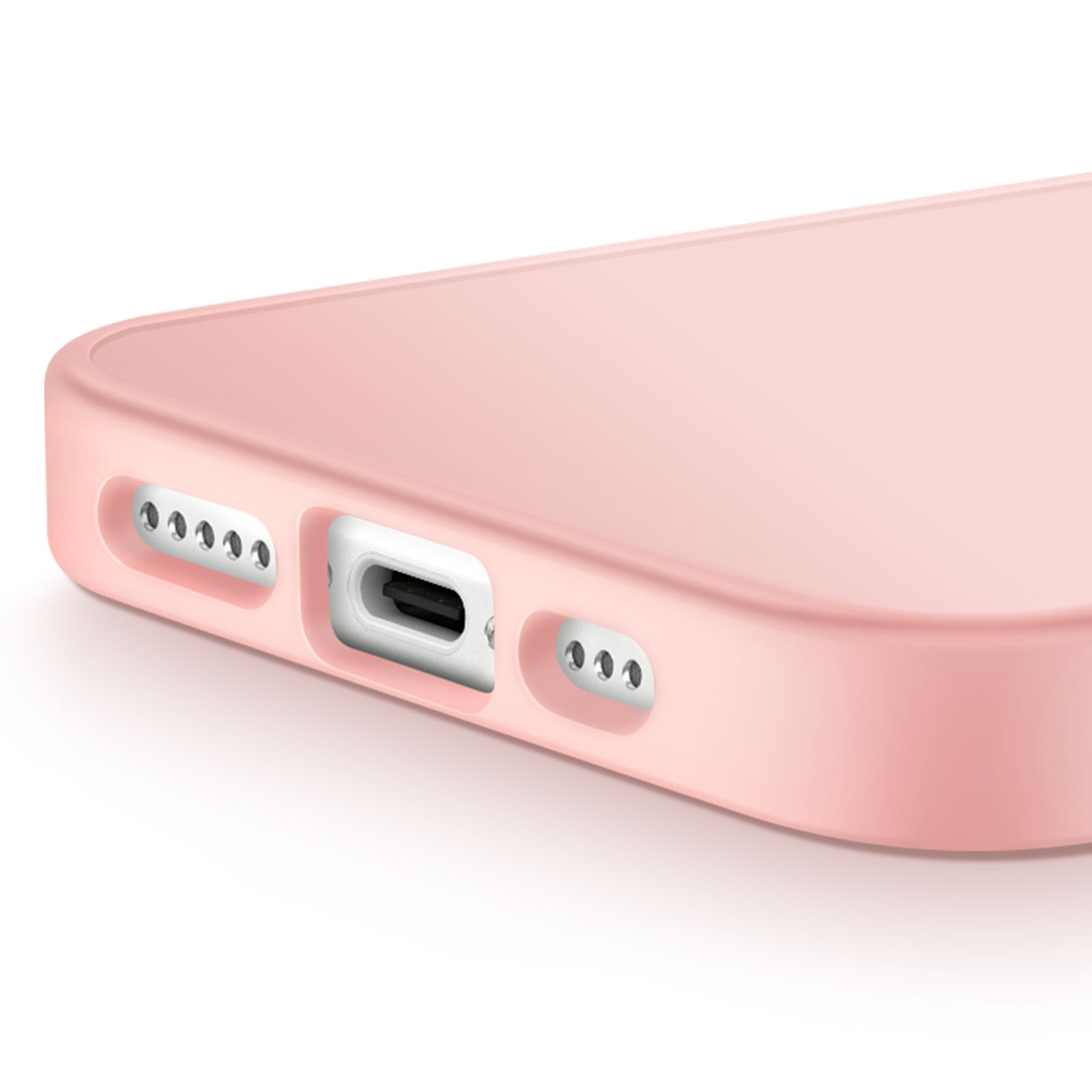 Primo piano di una custodia rosa per telefono con ritagli per la porta di ricarica e gli altoparlanti. Sfondo bianco.