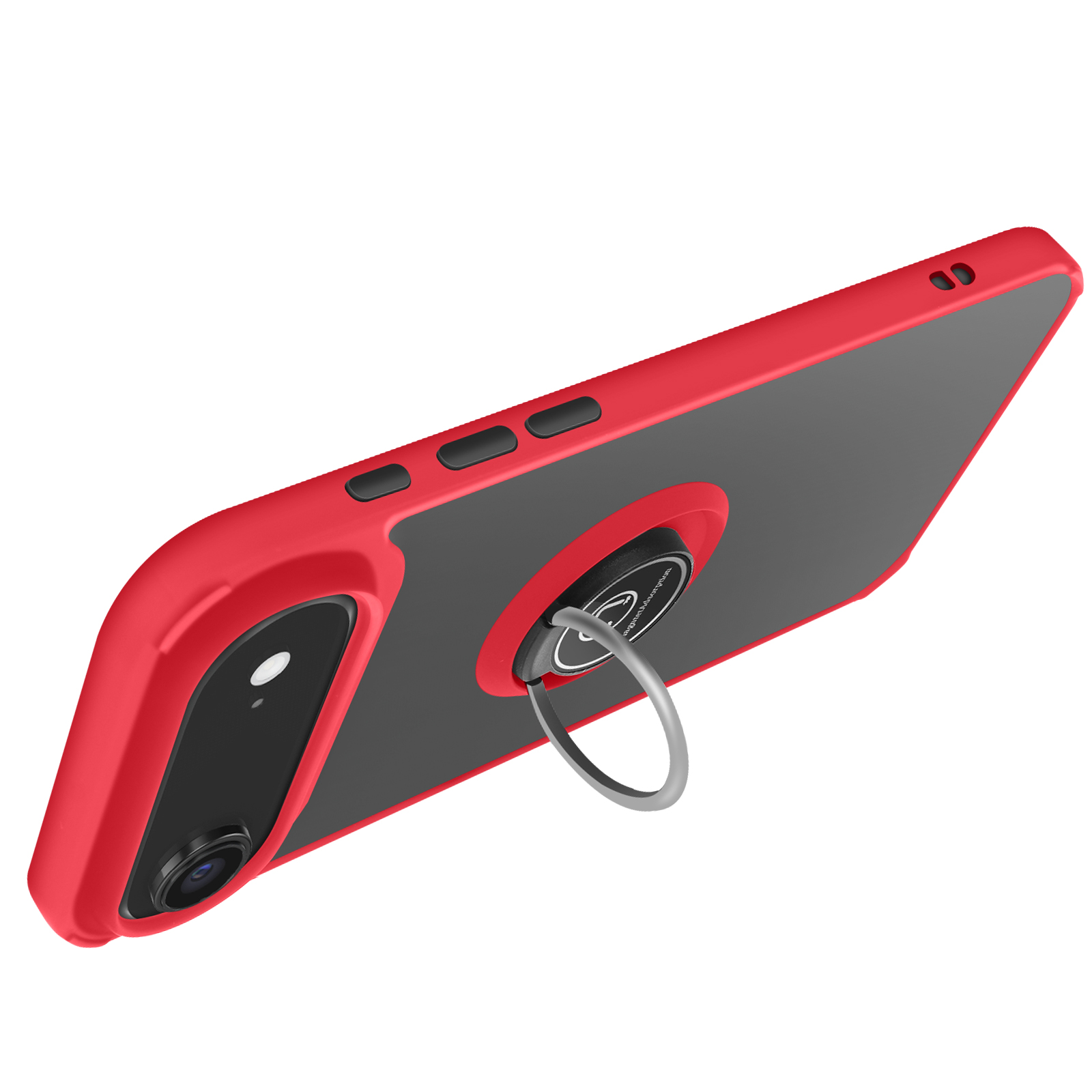 Rode telefoonhoes met zwarte achterkant en zilveren ringhouder. De telefoon staat op een witte achtergrond.