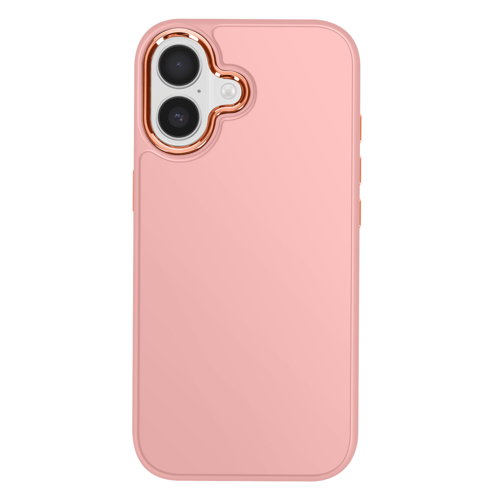 Custodia rosa per telefono con due obiettivi e un flash. La custodia è su sfondo bianco.