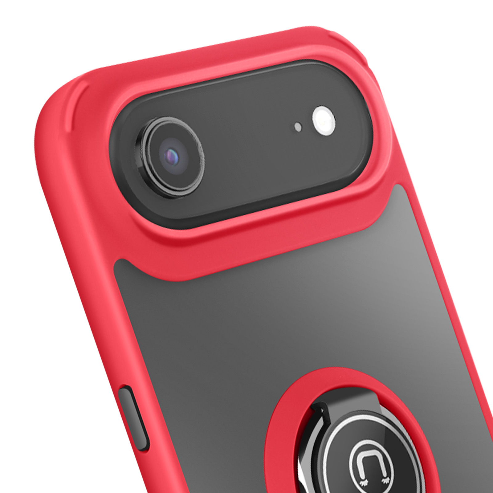 Close-up van een rode telefoonhoes met een zwart cameragedeelte. Inclusief lens, flitser en ringhouder.