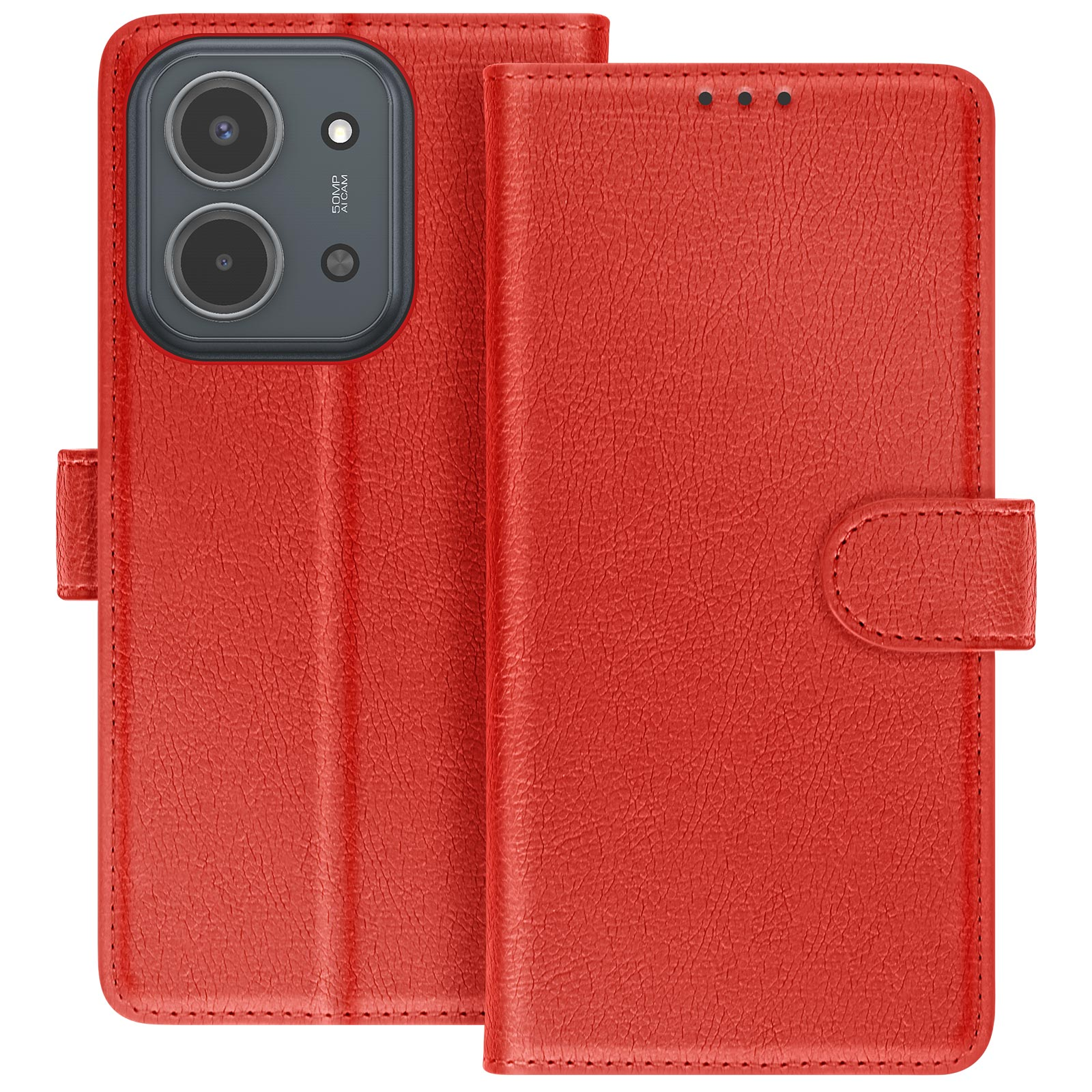 Custodia per telefono in pelle rossa. Ha un ritaglio per la fotocamera, una chiusura magnetica e una superficie strutturata.