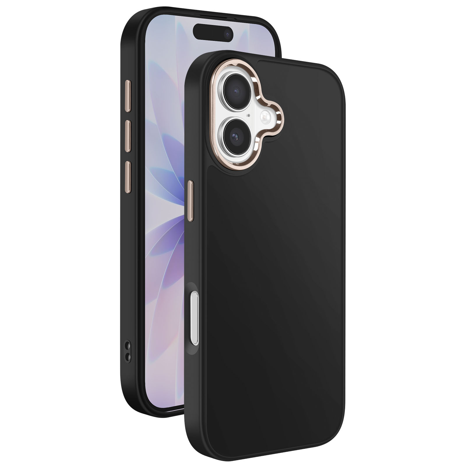 Due custodie nere per iPhone, una a destra, una dietro. Il telefono posteriore ha un display blu chiaro.