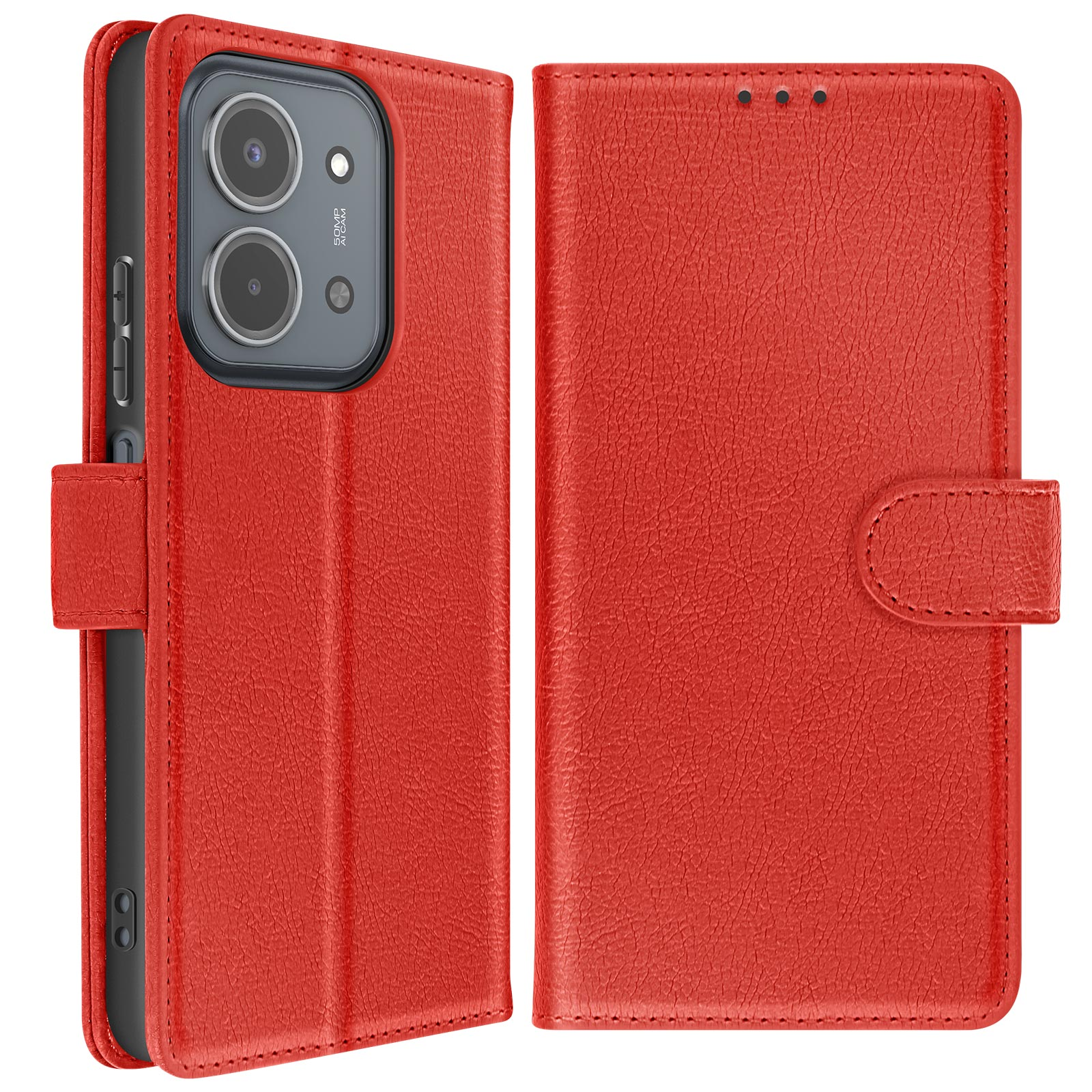 Custodia per telefono in pelle rossa, aperta a sinistra, con fori per la fotocamera e chiusura a bottone. Il lato destro è chiuso.