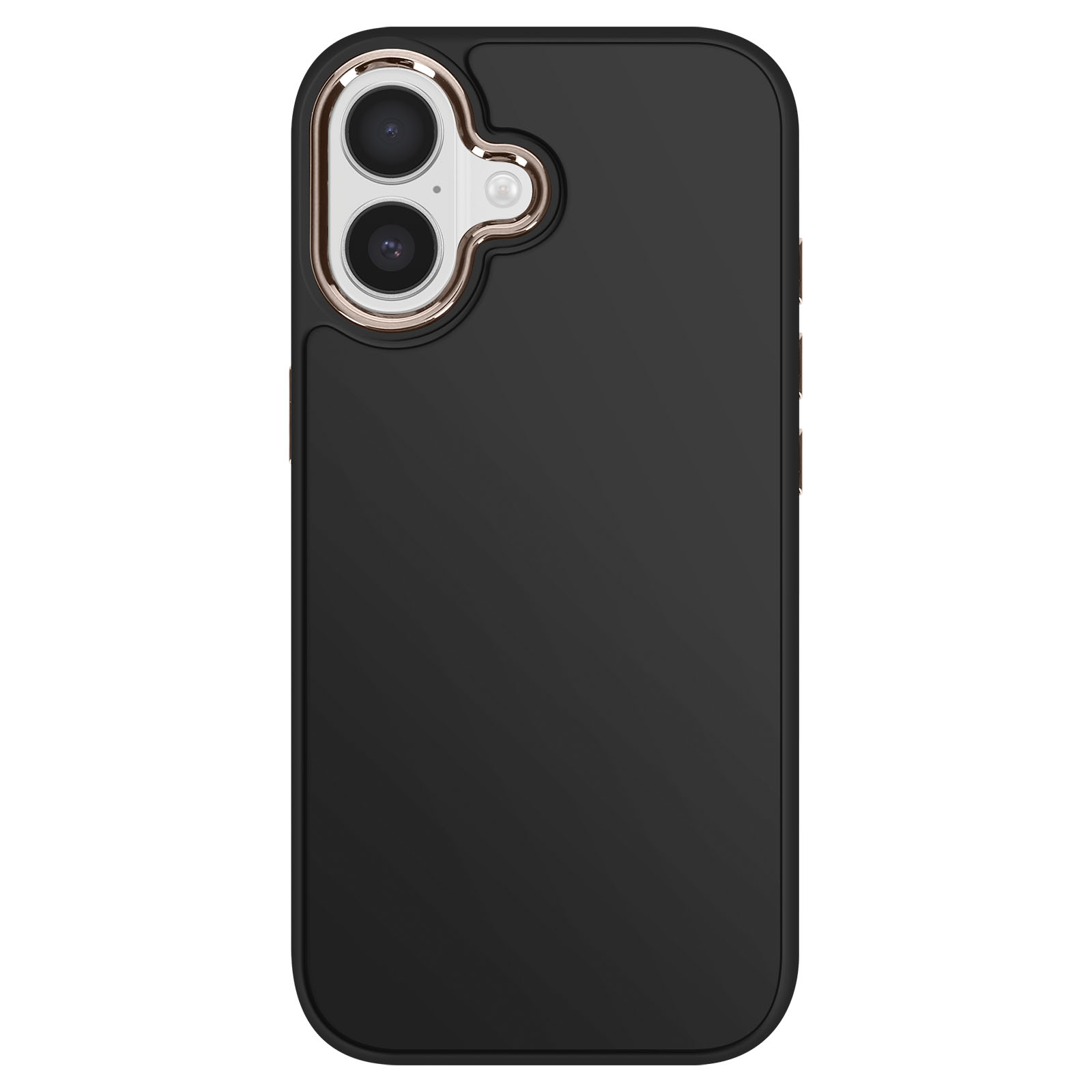 Custodia nera per telefono con doppia fotocamera e flash. Accenti dorati attorno alle fotocamere. Angoli arrotondati.