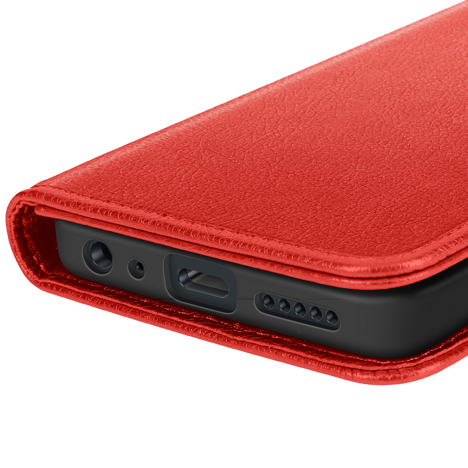Primo piano di una custodia rossa per telefono. Ha una consistenza simile alla pelle. Il bordo inferiore del telefono è visibile.
