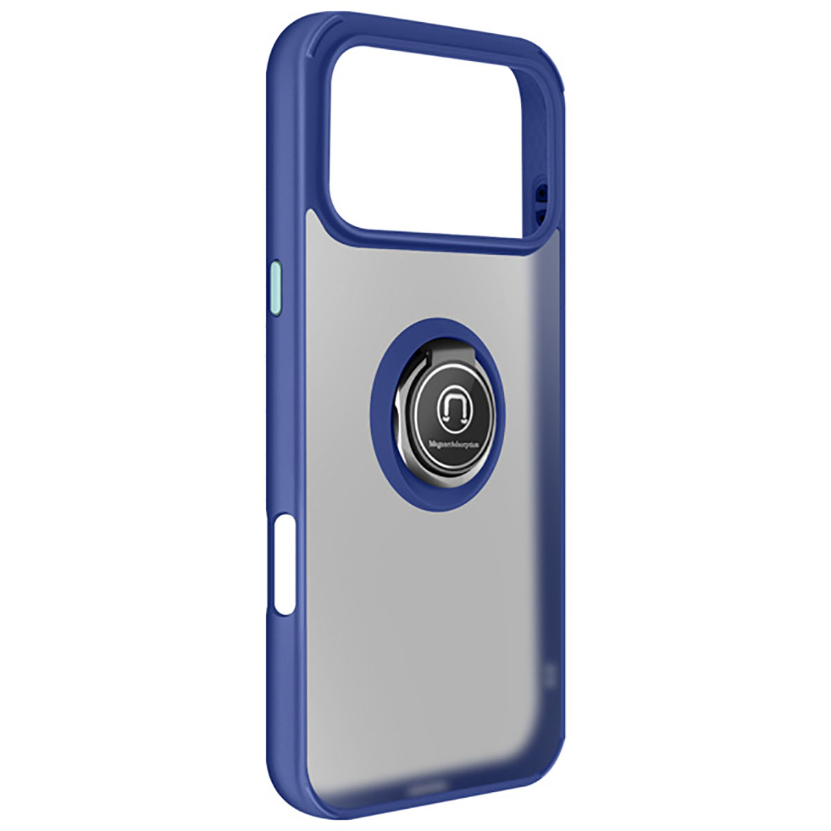 Custodia per telefono blu e trasparente con supporto ad anello. Il supporto ad anello è argentato con centro nero.