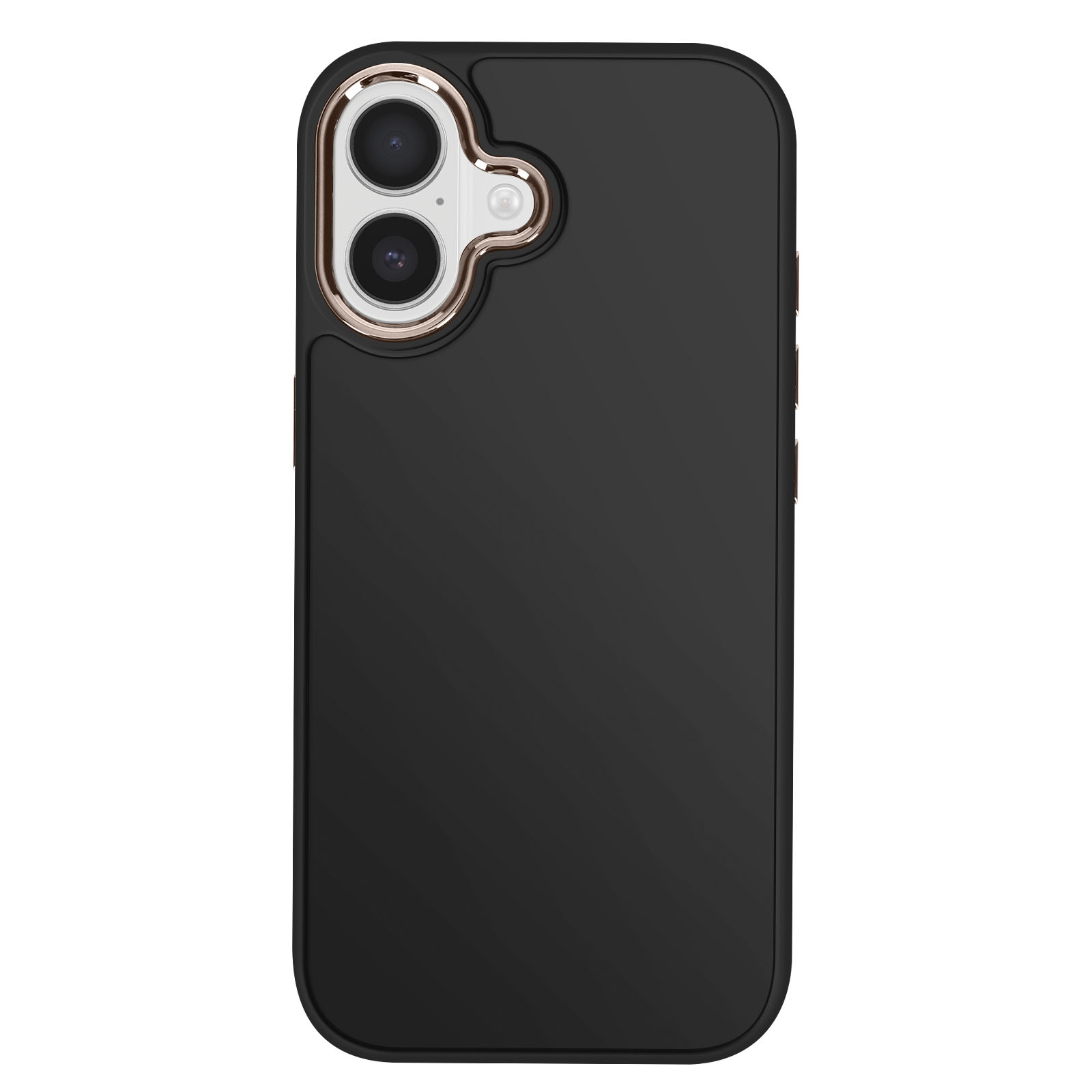 Custodia nera per telefono con anello dorato per fotocamera. Sono visibili due lenti e un flash. La custodia ha una superficie liscia.
