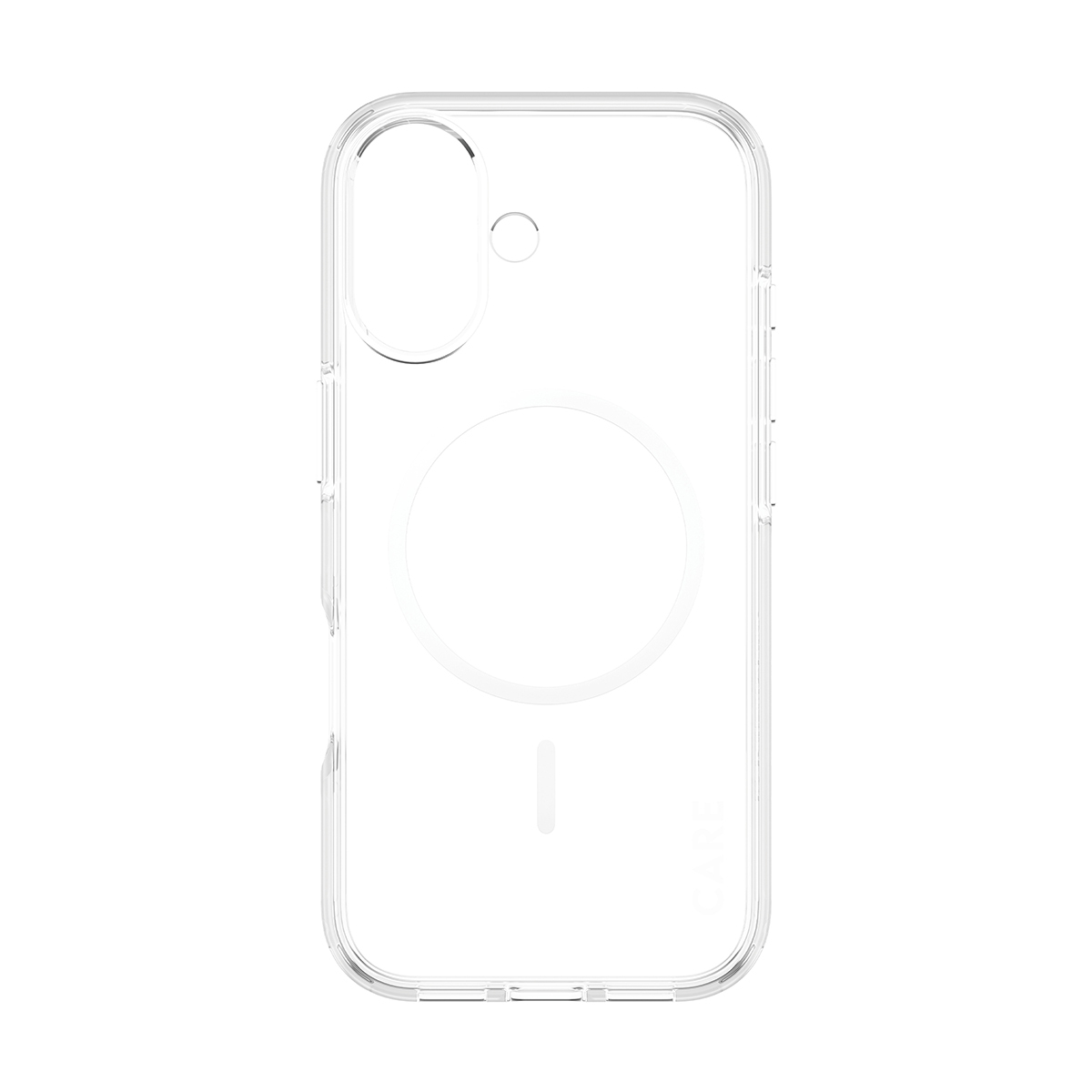 Şeffaf bir telefon kılıfı, kamera kesimi, dairesel bir tasarım ve dikey bir çizgi gösteriyor, hepsi beyaz bir arka plan üzerinde.