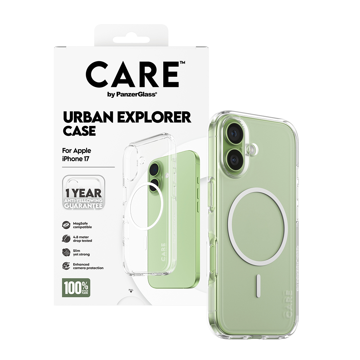Bir iPhone kılıfı kutusu. İçinde yeşil bir telefon gösteren şeffaf bir kılıf var. Kutunun üzerinde 'CARE' ve 'URBAN EXPLORER CASE' yazıyor.